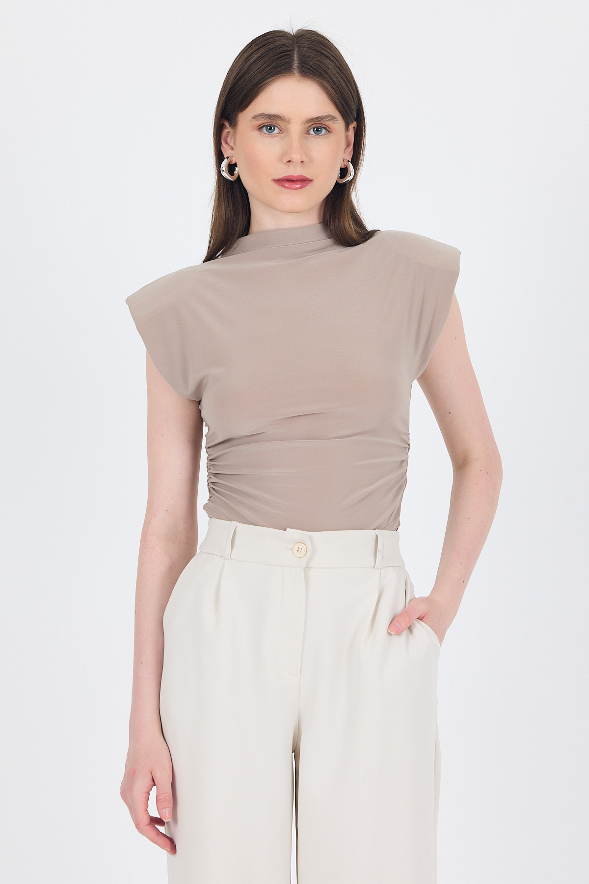 Koyu Taş Vatkalı Dik Yaka Drapeli Bluz 13185 