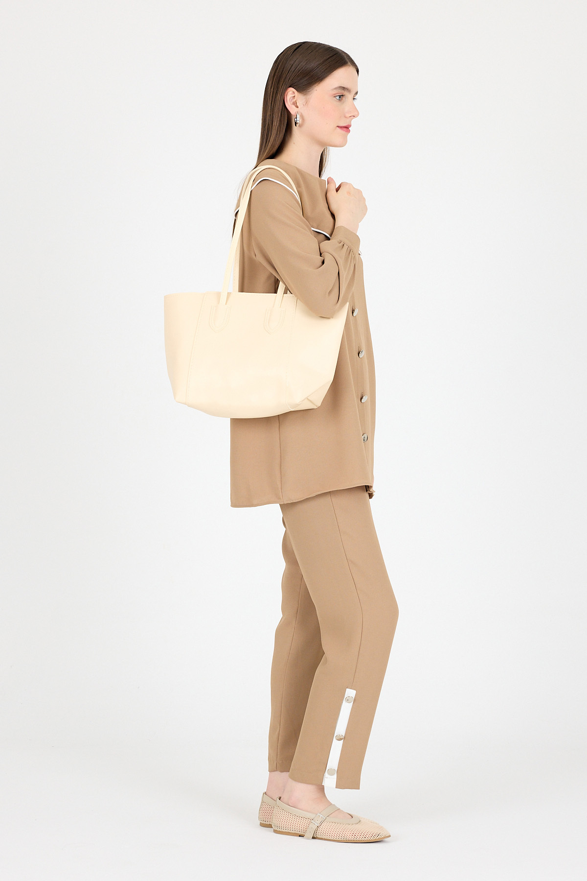 Krem Dikiş Detaylı Omuz Çantası 9212 - 3