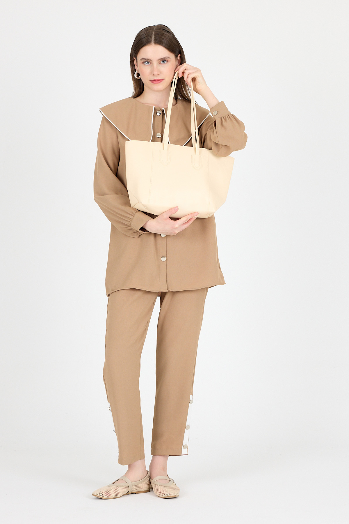 Krem Dikiş Detaylı Omuz Çantası 9212 - 1