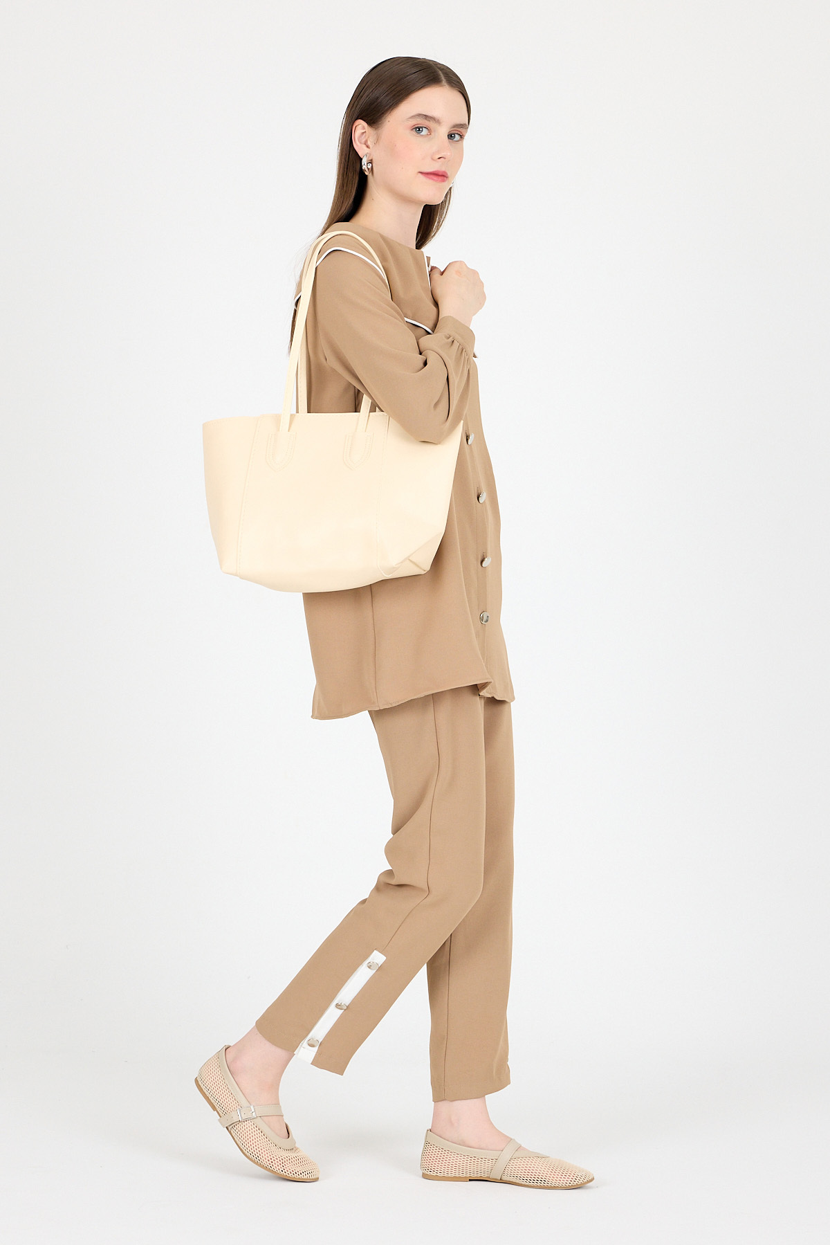 Krem Dikiş Detaylı Omuz Çantası 9212 - 5