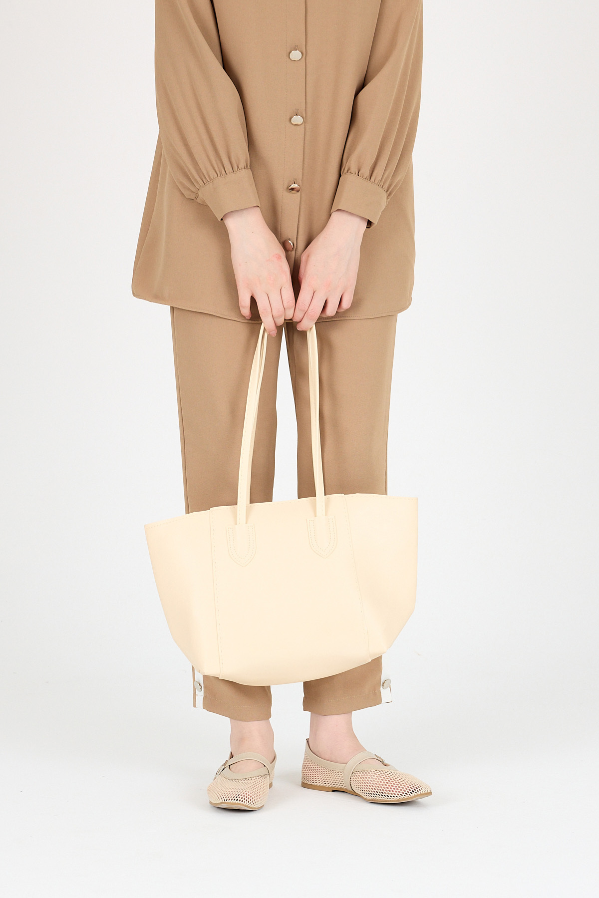 Krem Dikiş Detaylı Omuz Çantası 9212 - 2