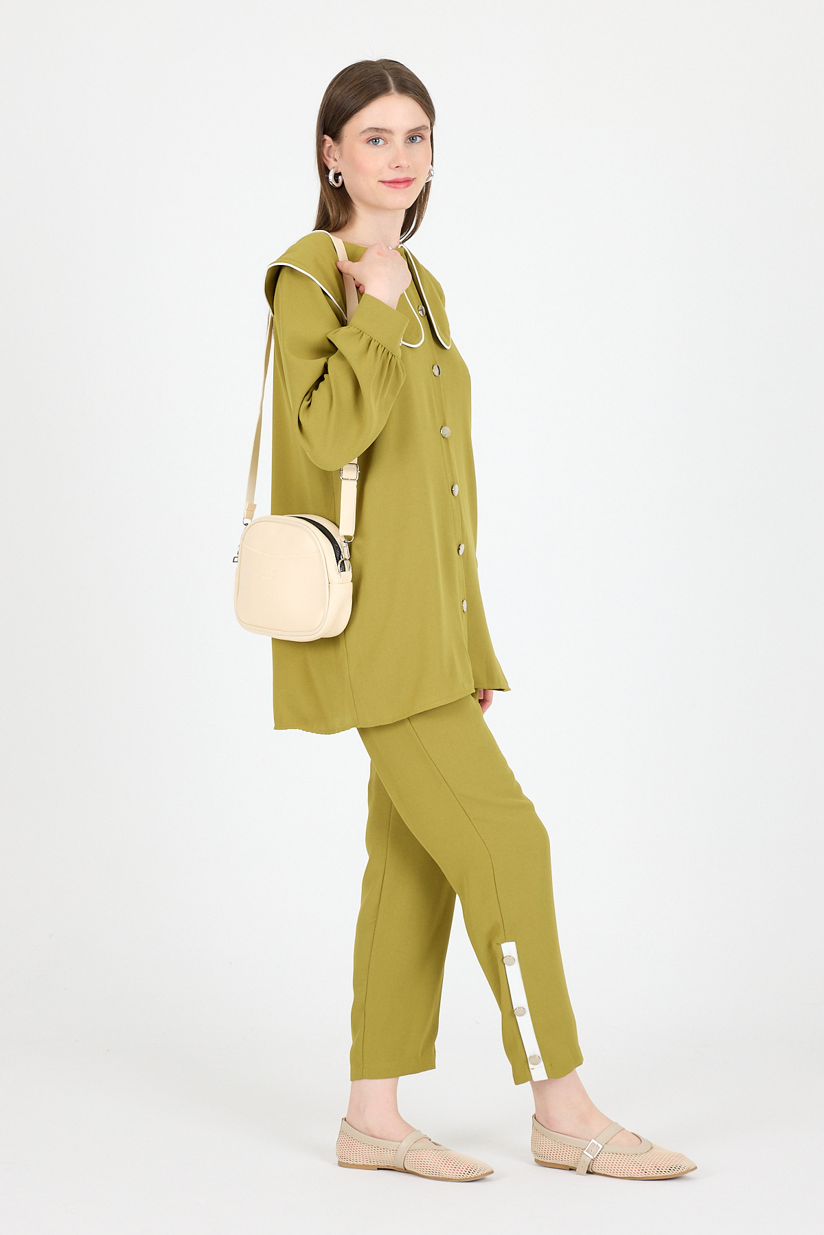 Krem Fermuarlı Çapraz Askılı Omuz Çantası 9213 - 5