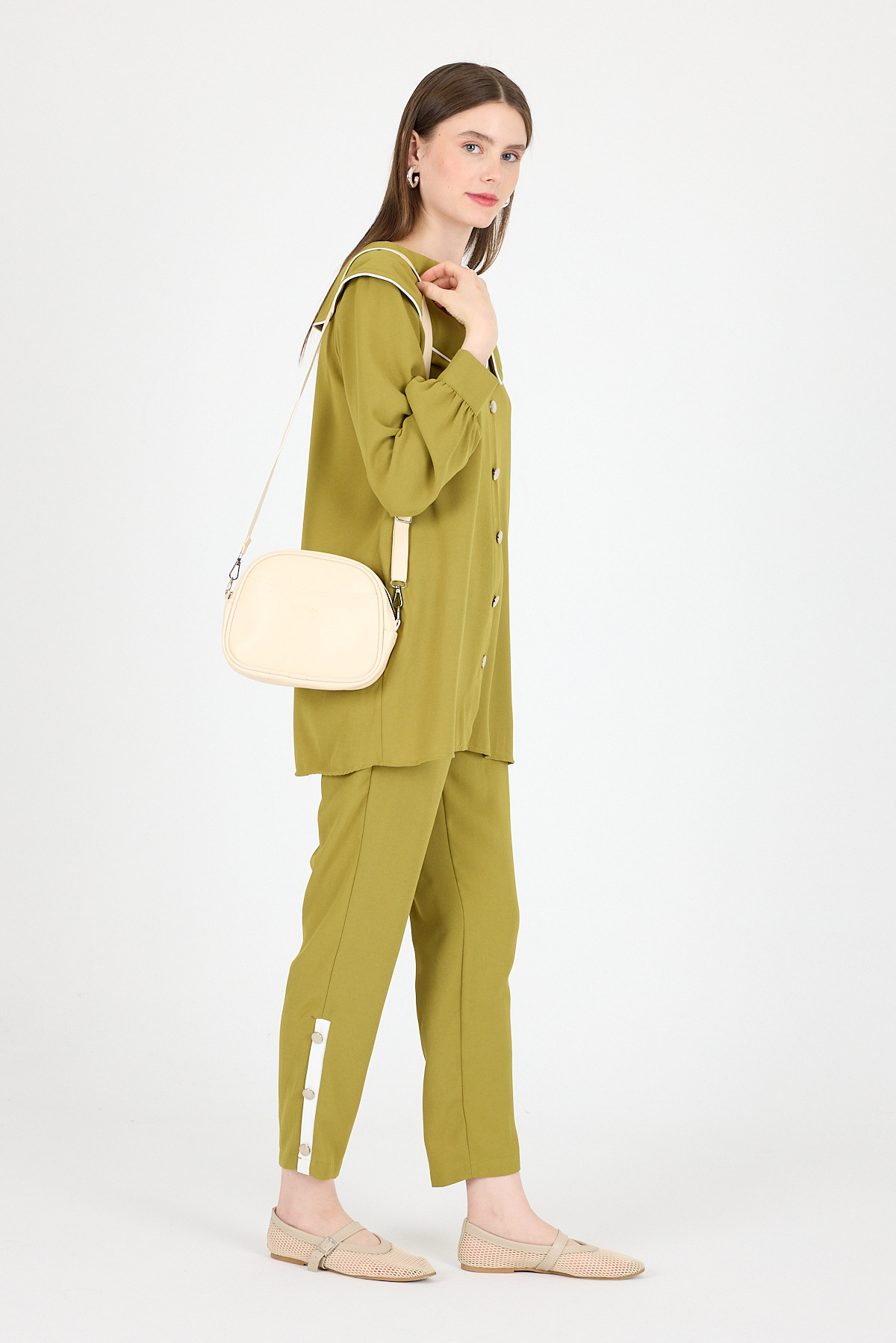 Krem Fermuarlı Çapraz Askılı Omuz Çantası 9213 - 2