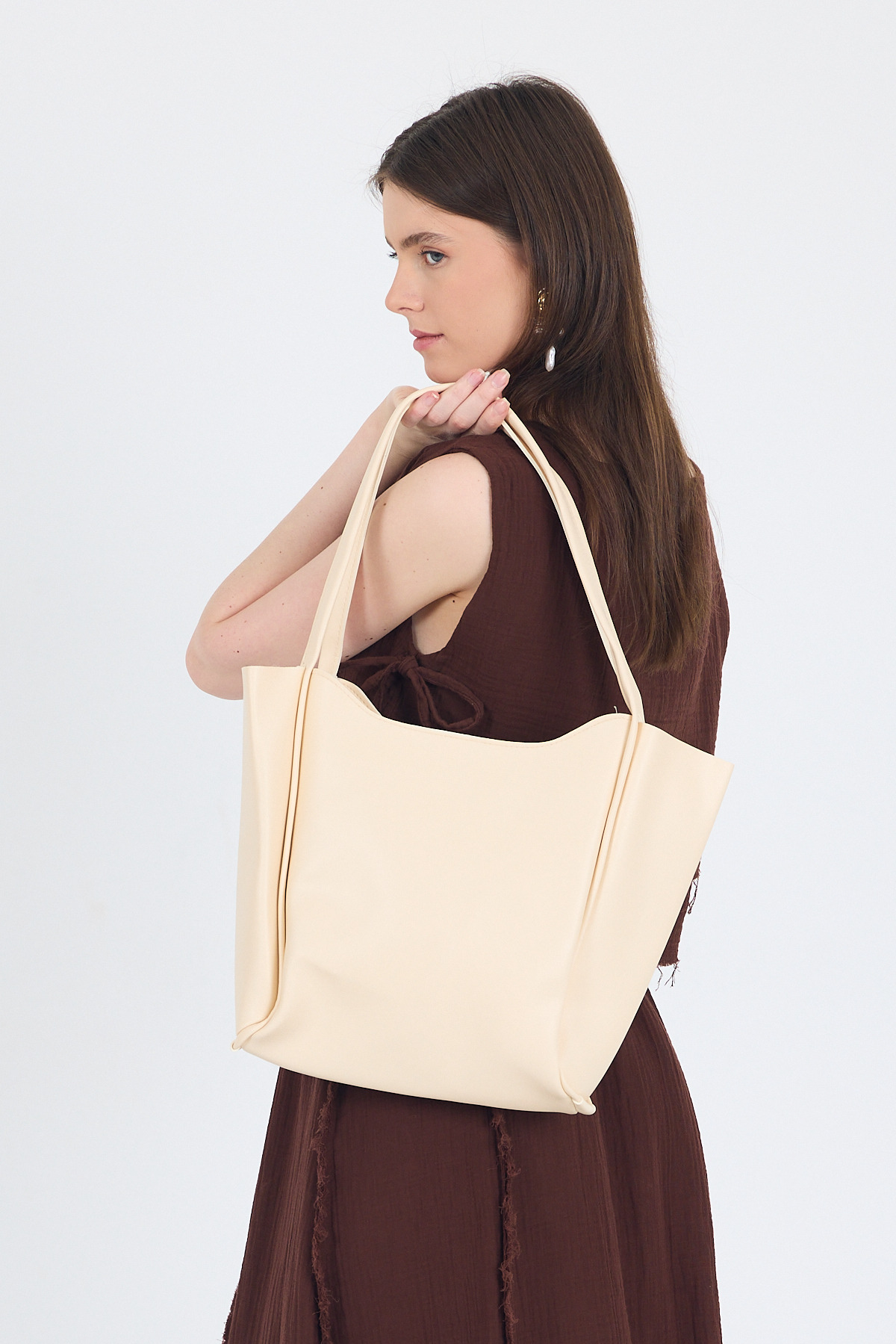 Krem Fermuarlı Omuz Çantası 9208 - 3