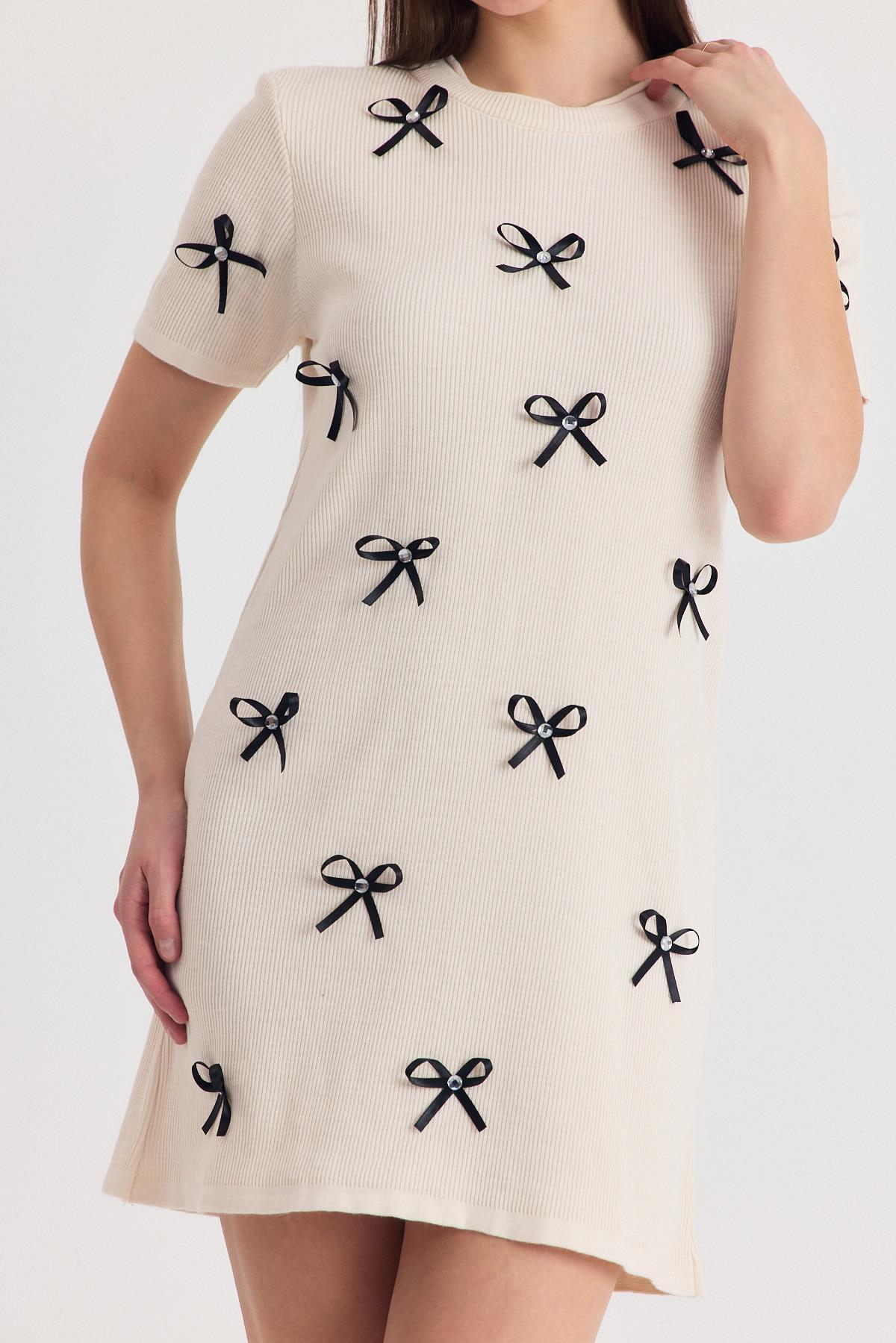 Krem Kurdela Detay Triko Elbise 2117 - RAYS