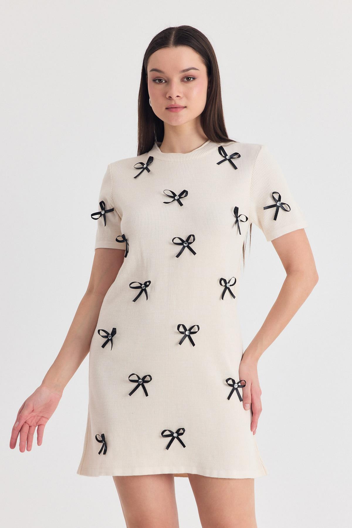 Krem Kurdela Detay Triko Elbise 2117 - 1