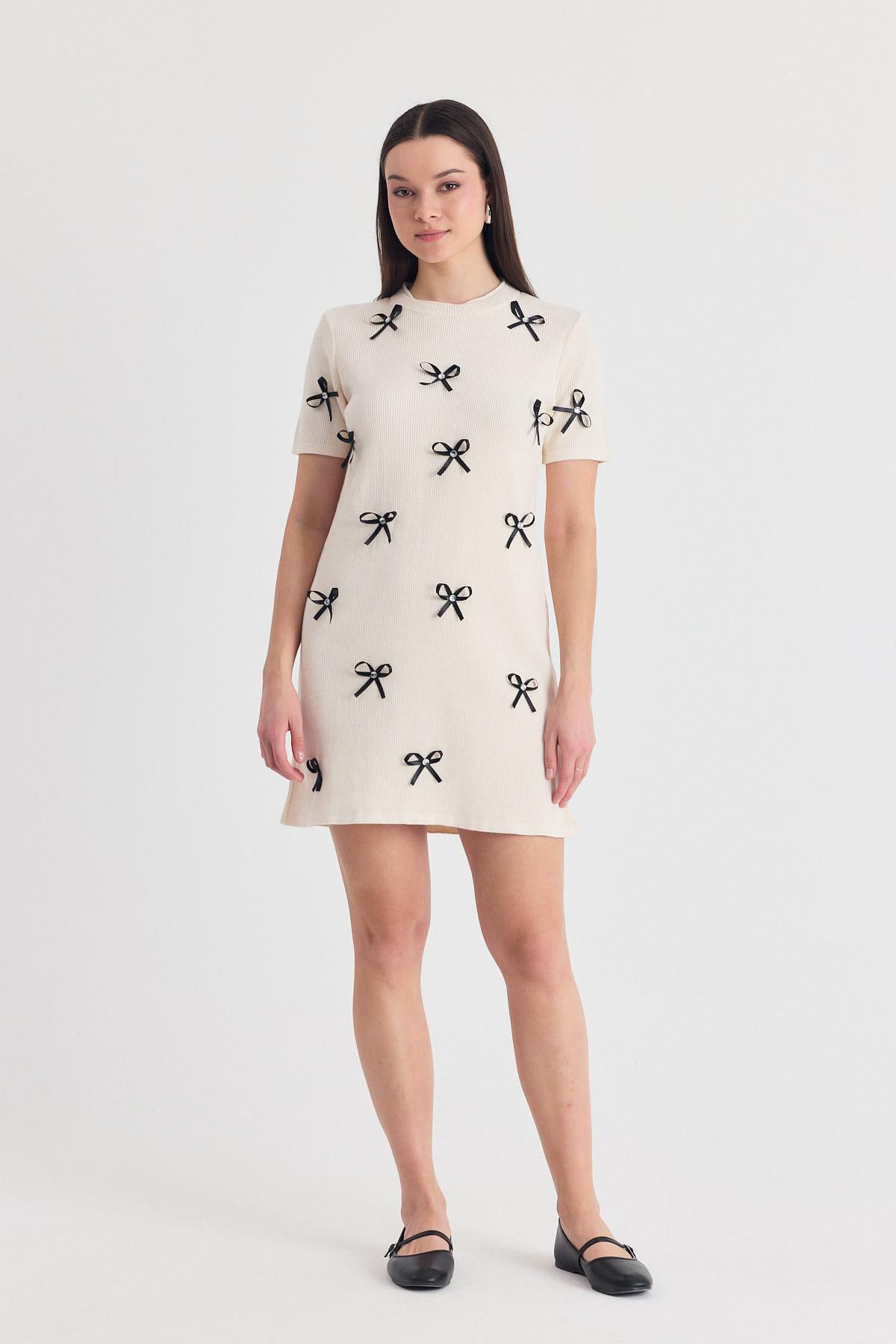 Krem Kurdela Detay Triko Elbise 2117 - 2