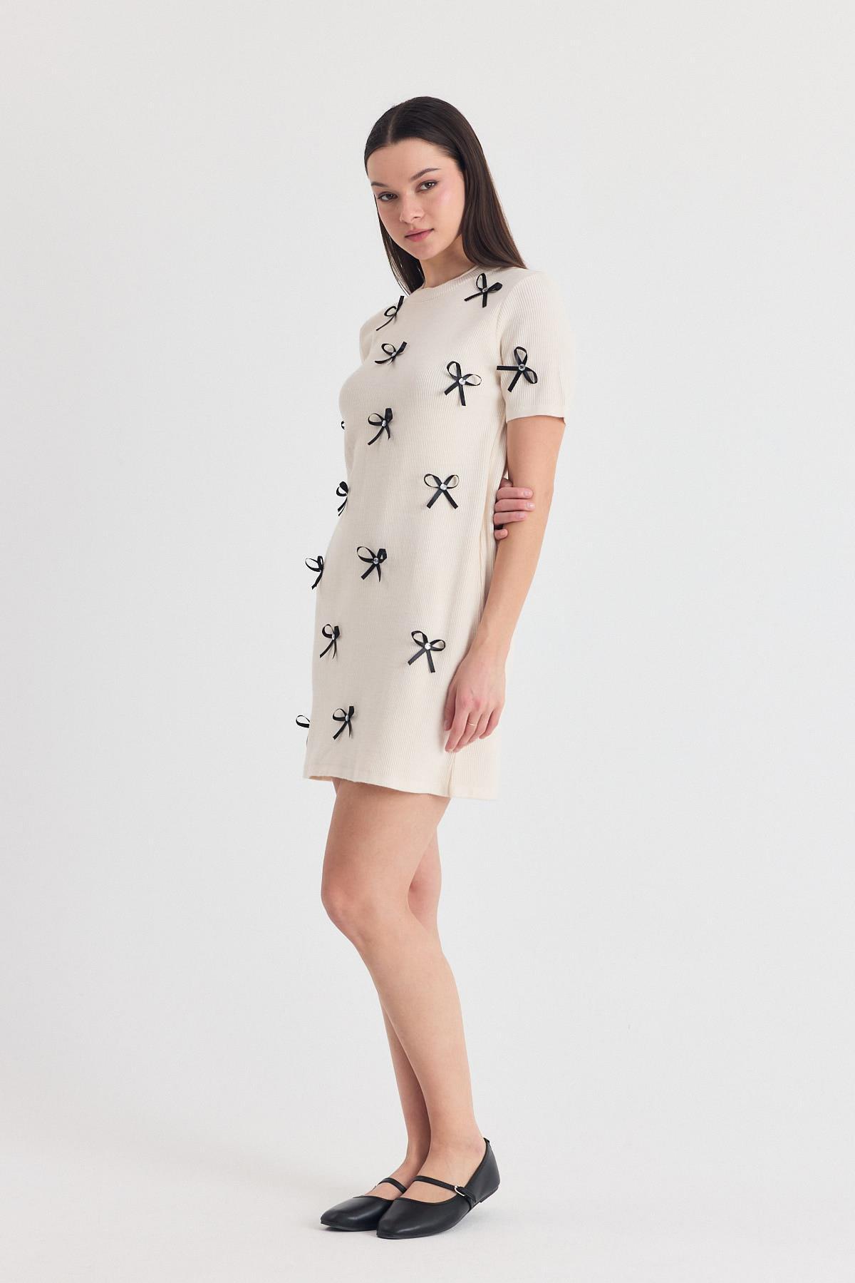 Krem Kurdela Detay Triko Elbise 2117 - 7
