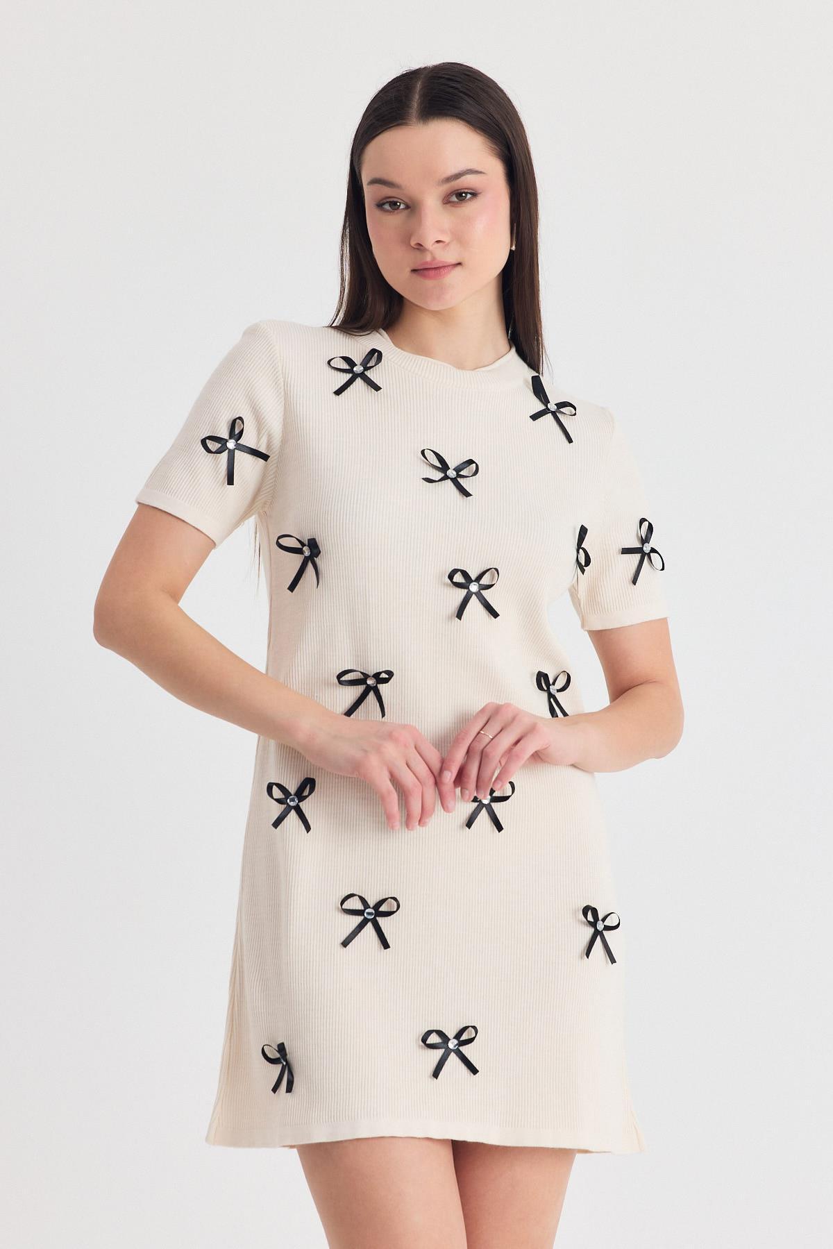 Krem Kurdela Detay Triko Elbise 2117 - 3