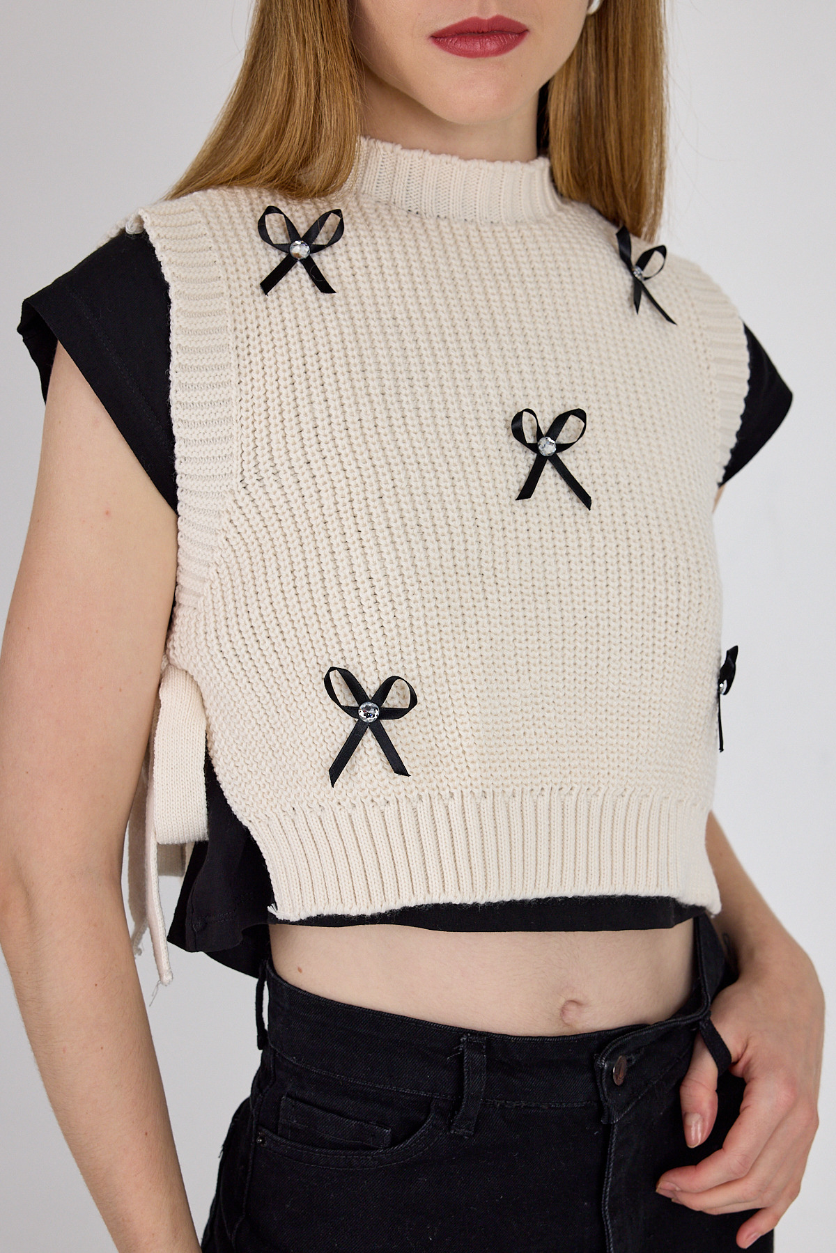 Krem Kurdela Detaylı Yandan Bağlamalı Triko Süveter 2101 - RAYS