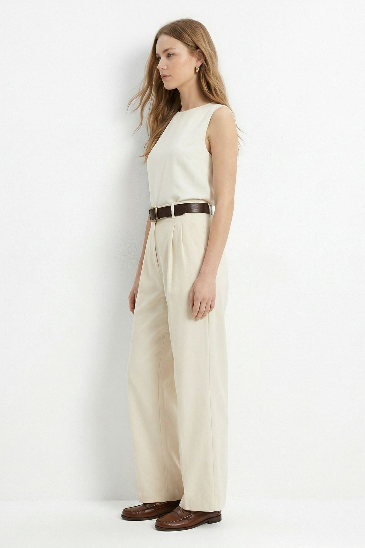 Krem Yüksek Bel Kemerli Pileli Pantolon 3918 - 1