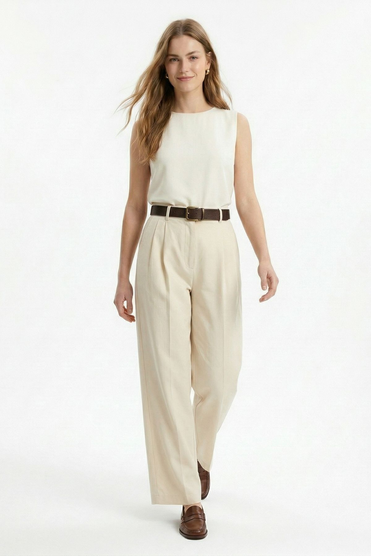 Krem Yüksek Bel Kemerli Pileli Pantolon 3918 - 3