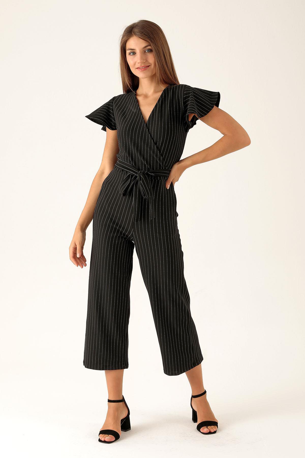 Kruvaze Yaka Tulum - 9407-1 Çizgili-Siyah - 1