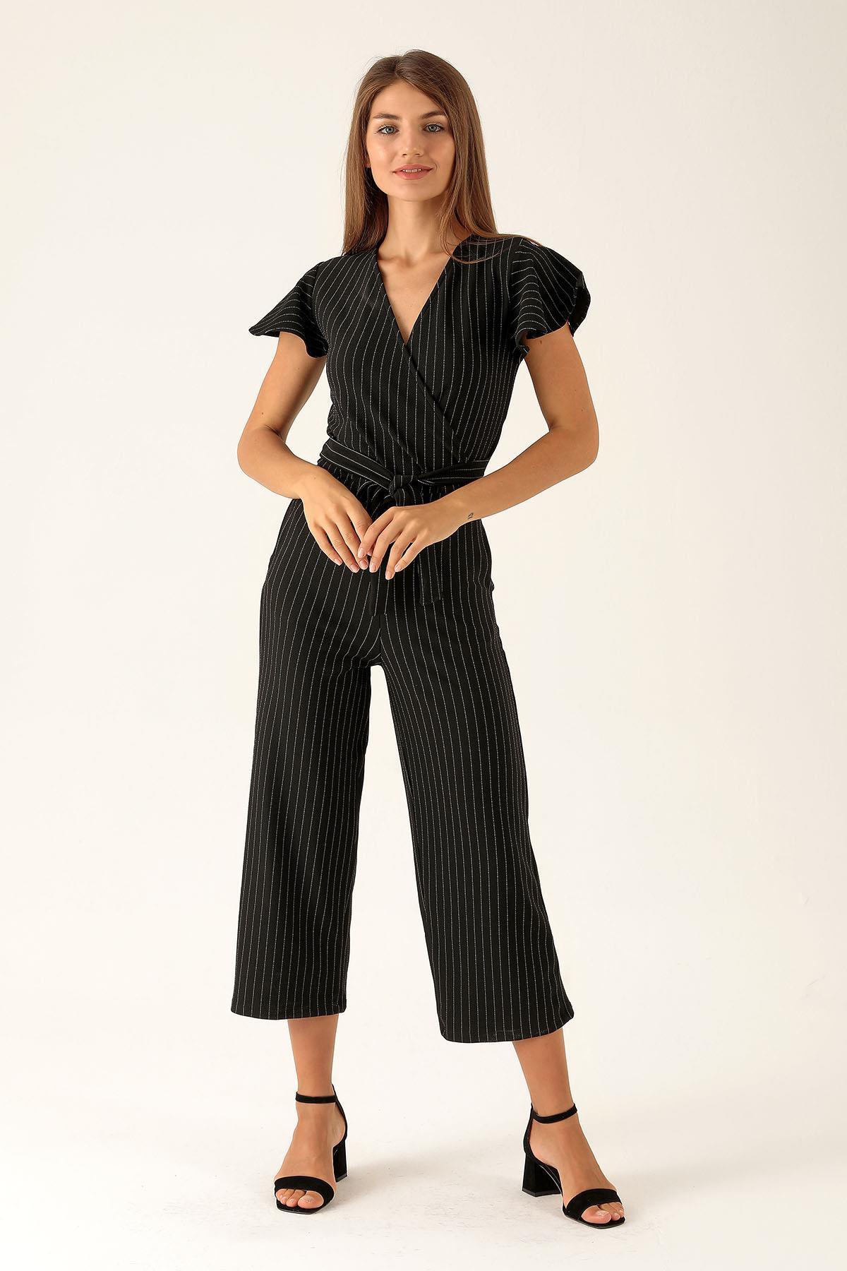 Kruvaze Yaka Tulum - 9407-1 Çizgili-Siyah - 4