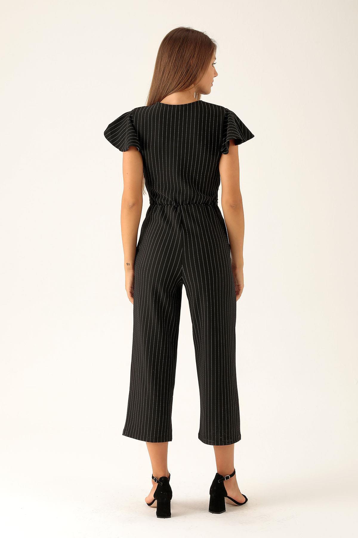 Kruvaze Yaka Tulum - 9407-1 Çizgili-Siyah - 5