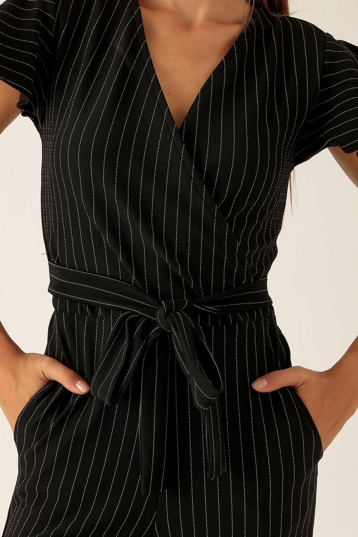 Kruvaze Yaka Tulum - 9407-1 Çizgili-Siyah - 6