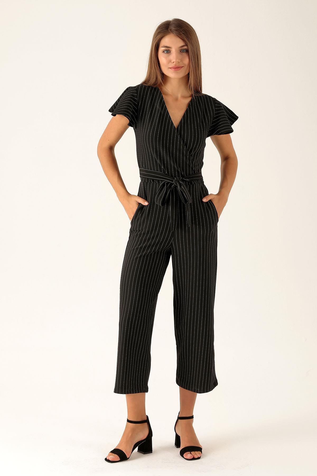 Kruvaze Yaka Tulum - 9407-1 Çizgili-Siyah - 2