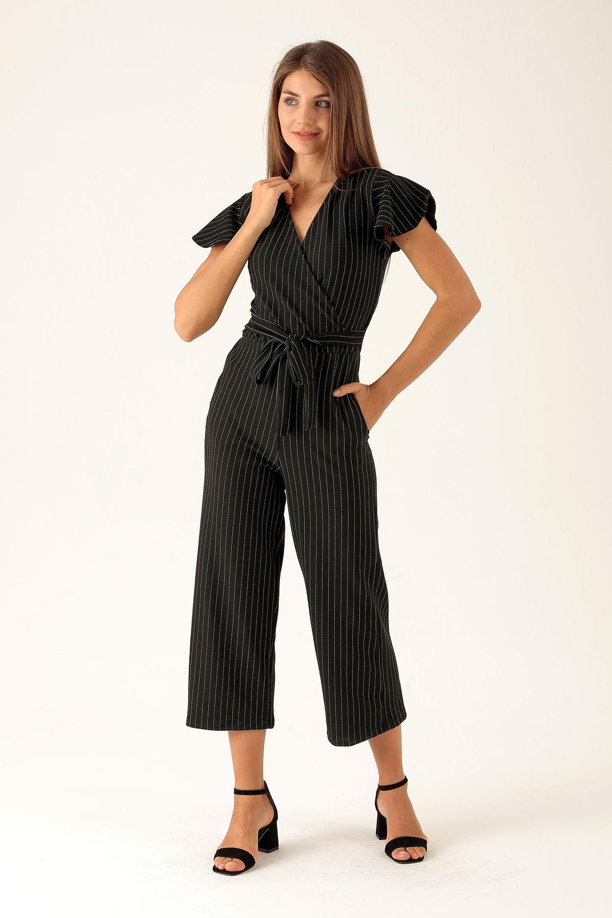 Kruvaze Yaka Tulum - 9407-1 Çizgili-Siyah - 3