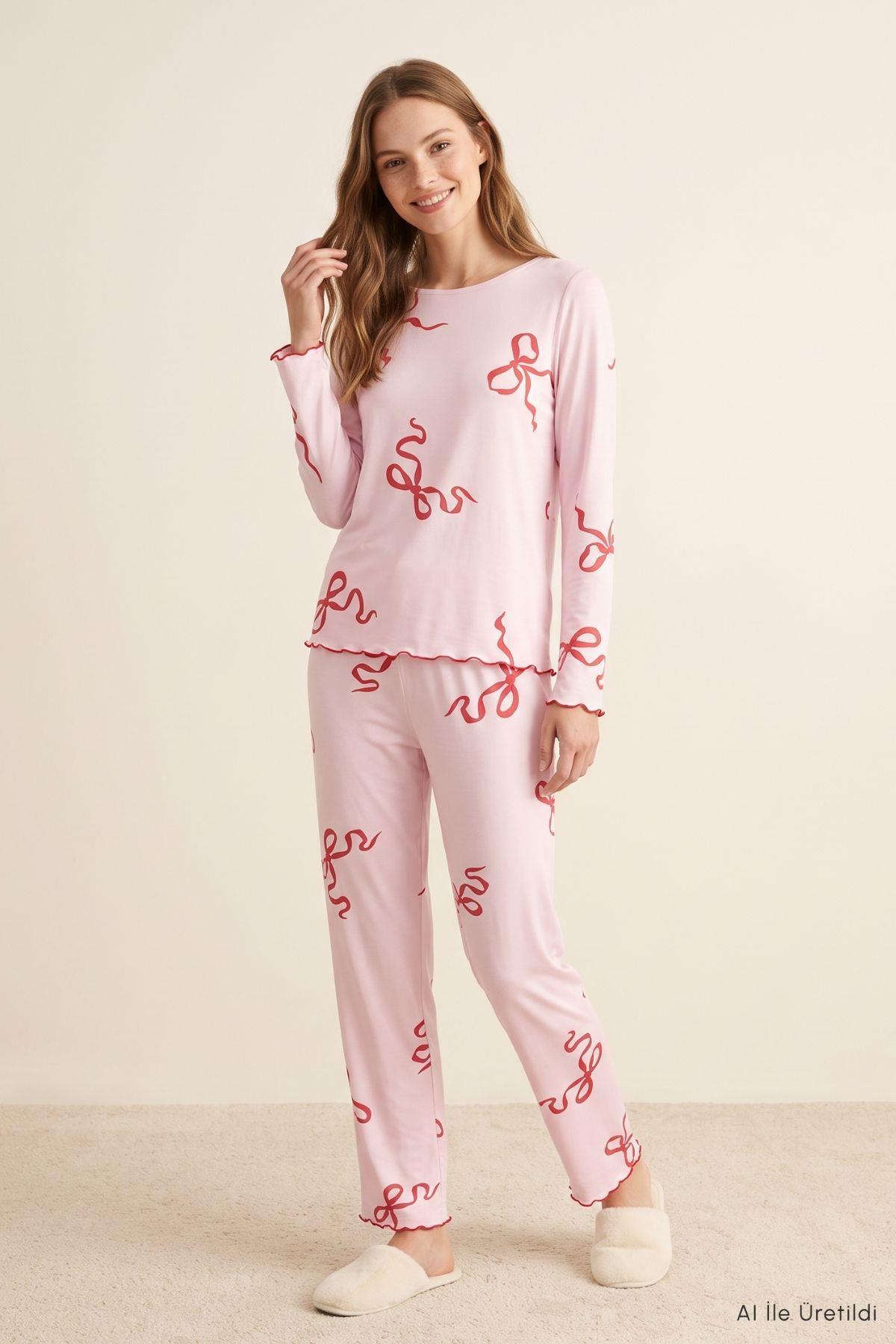 Kurdele Desen Bisiklet Yaka Pijama Takımı 2306 Pembe - 1