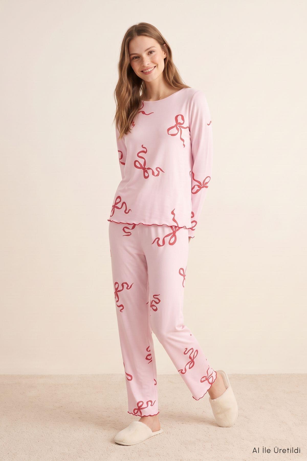 Kurdele Desen Bisiklet Yaka Pijama Takımı 2306 Pembe - Rays (1)
