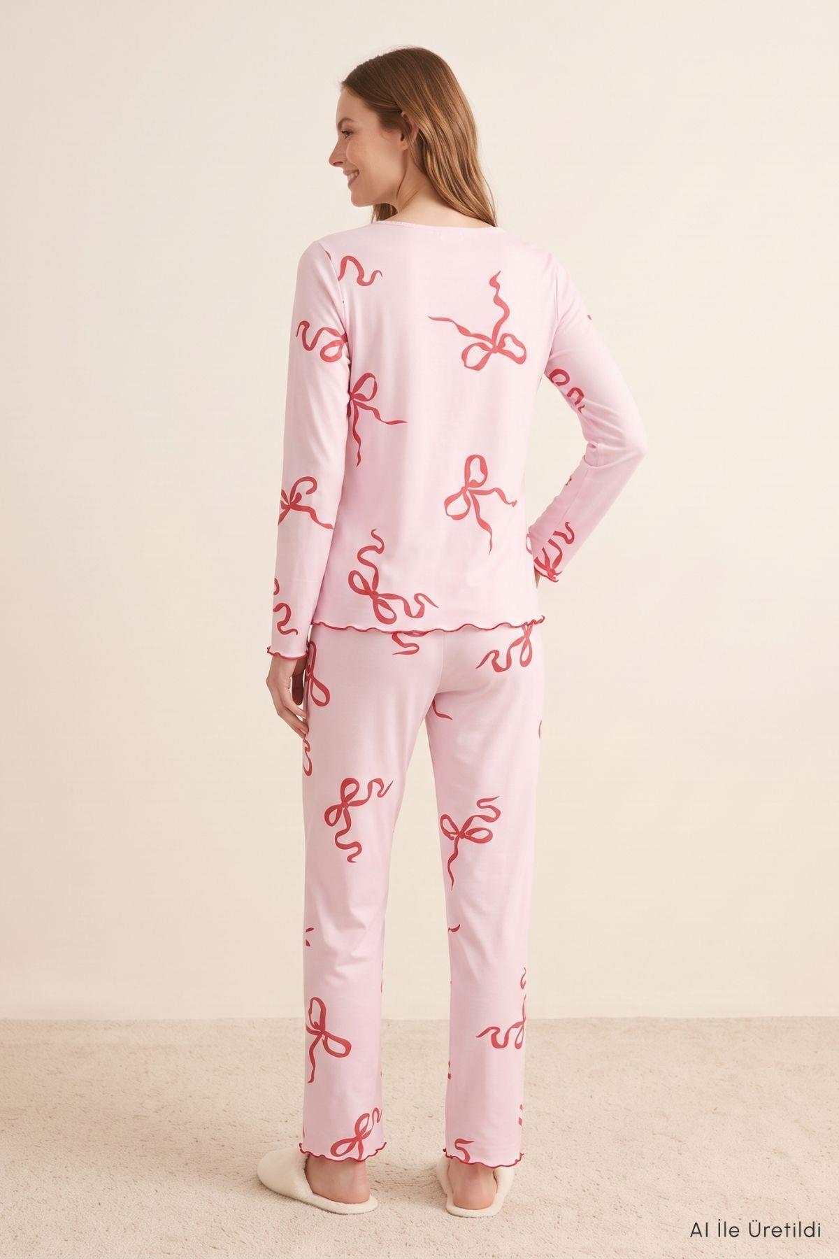 Kurdele Desen Bisiklet Yaka Pijama Takımı 2306 Pembe - Rays