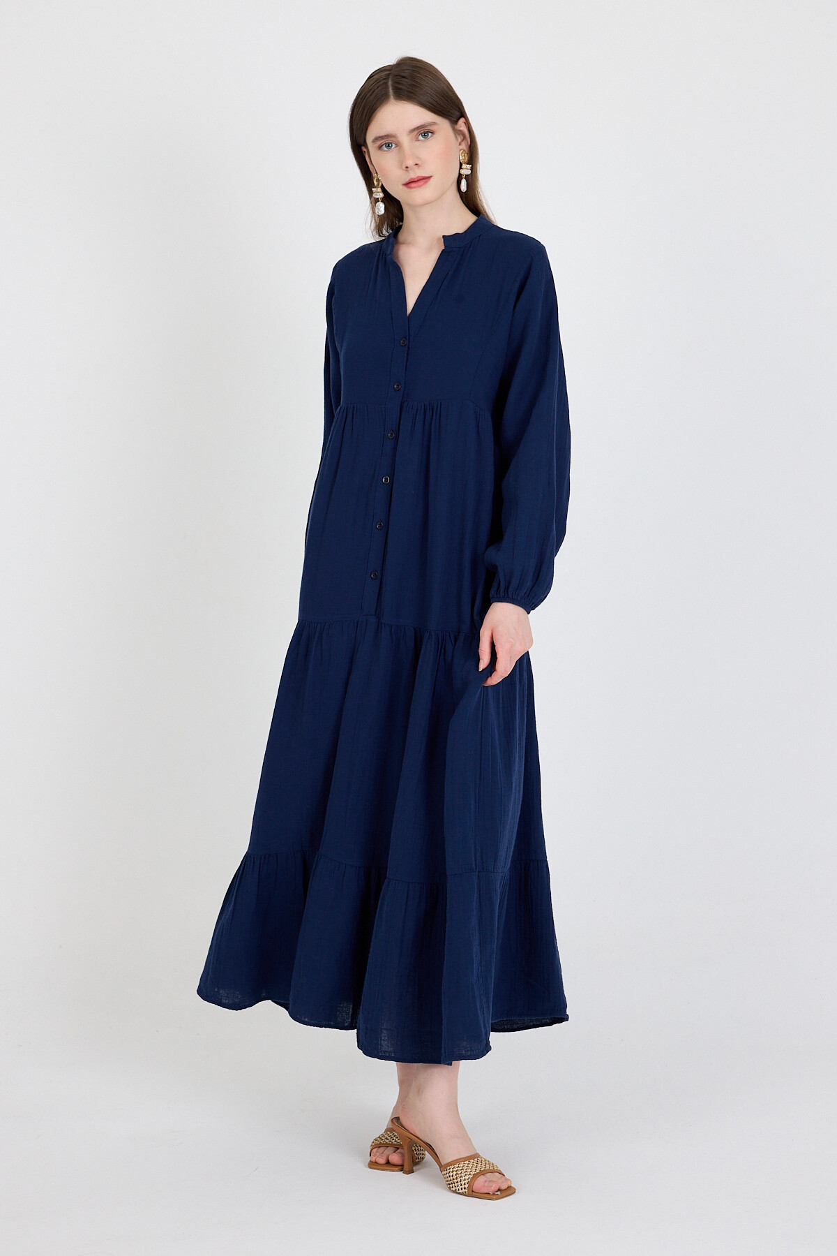 Laci %100 Pamuk Düğmeli Kat Etekli Uzun Kollu Elbise 4782A - RAYS