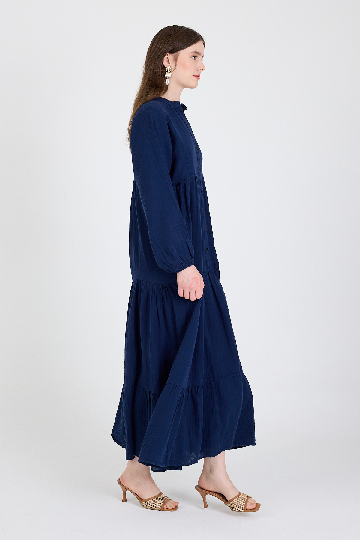 Laci %100 Pamuk Düğmeli Kat Etekli Uzun Kollu Elbise 4782A - 6