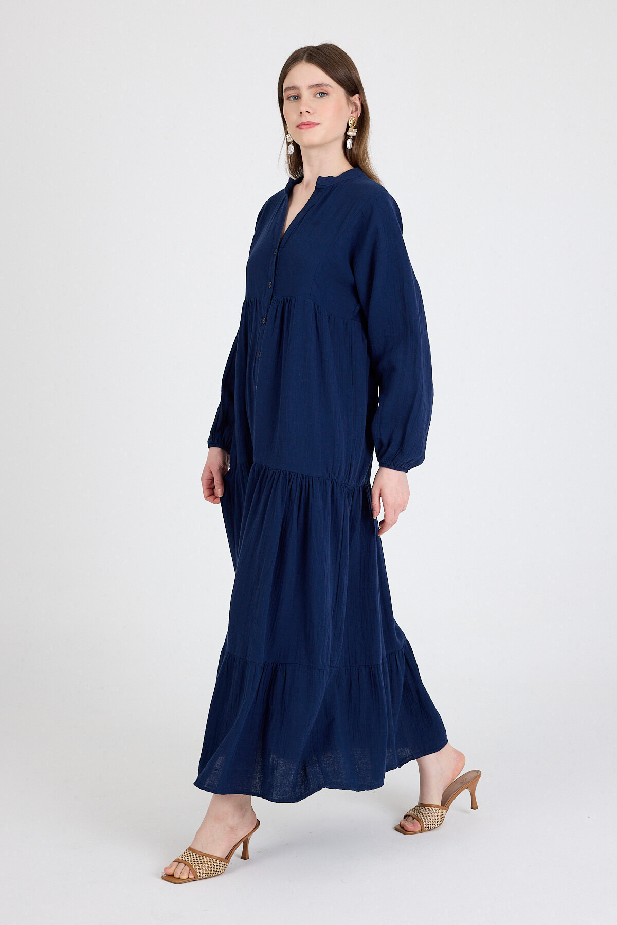 Laci %100 Pamuk Düğmeli Kat Etekli Uzun Kollu Elbise 4782A - 2