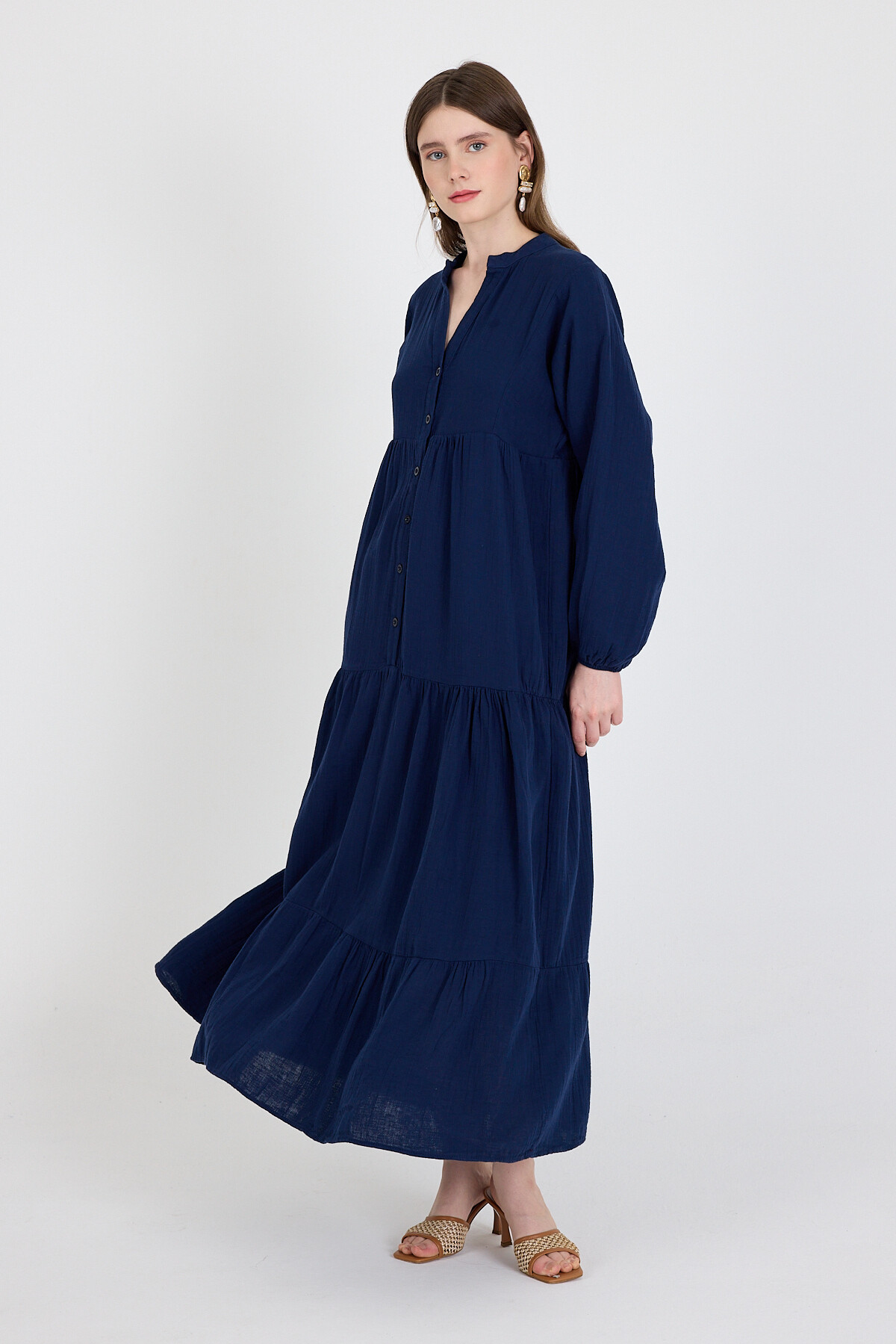 Laci %100 Pamuk Düğmeli Kat Etekli Uzun Kollu Elbise 4782A - 3