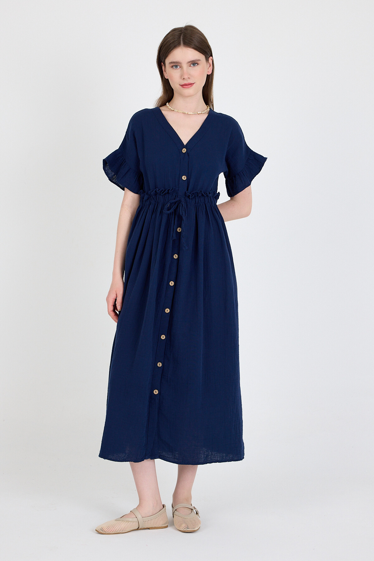 Laci %100 Pamuk Fırfır Kol Detaylı Düğmeli Elbise 4781A - RAYS