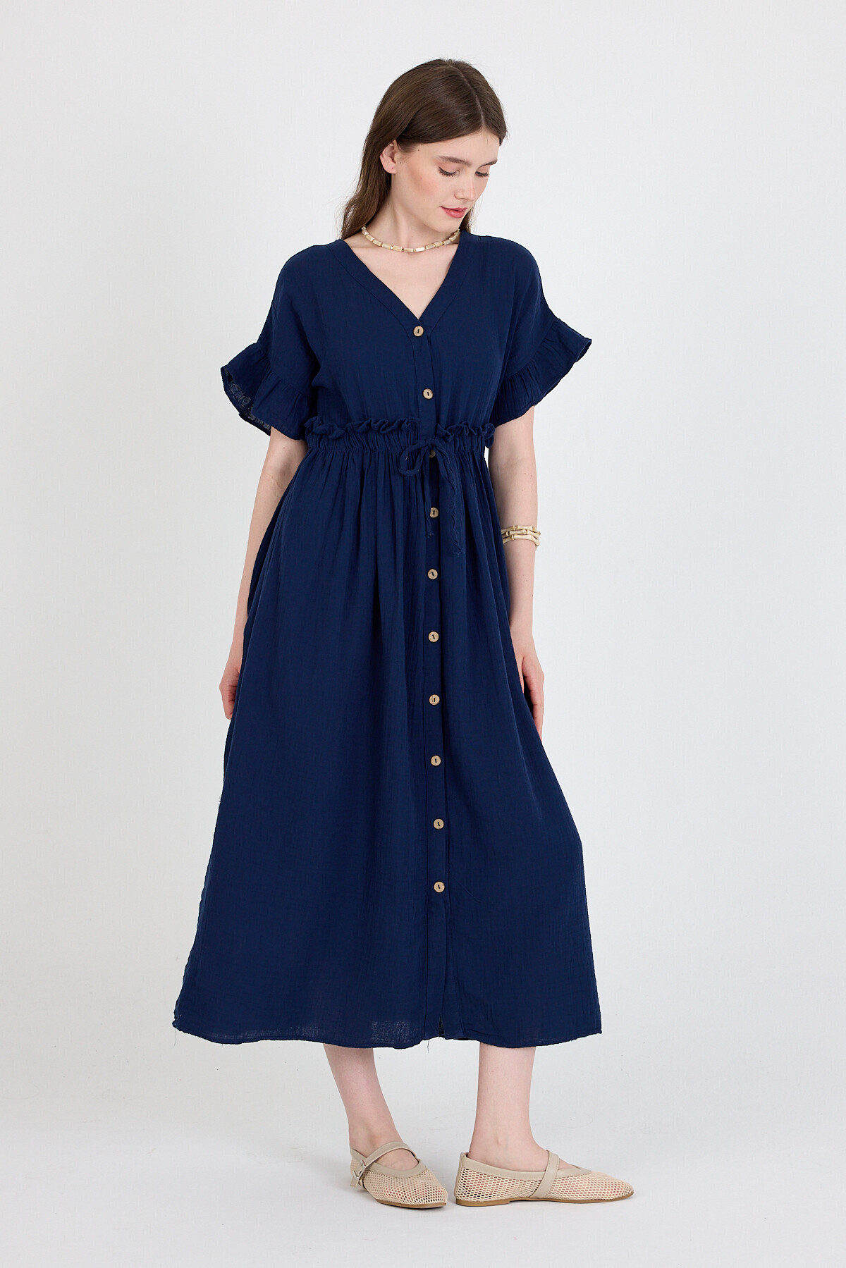 Laci %100 Pamuk Fırfır Kol Detaylı Düğmeli Elbise 4781A - RAYS