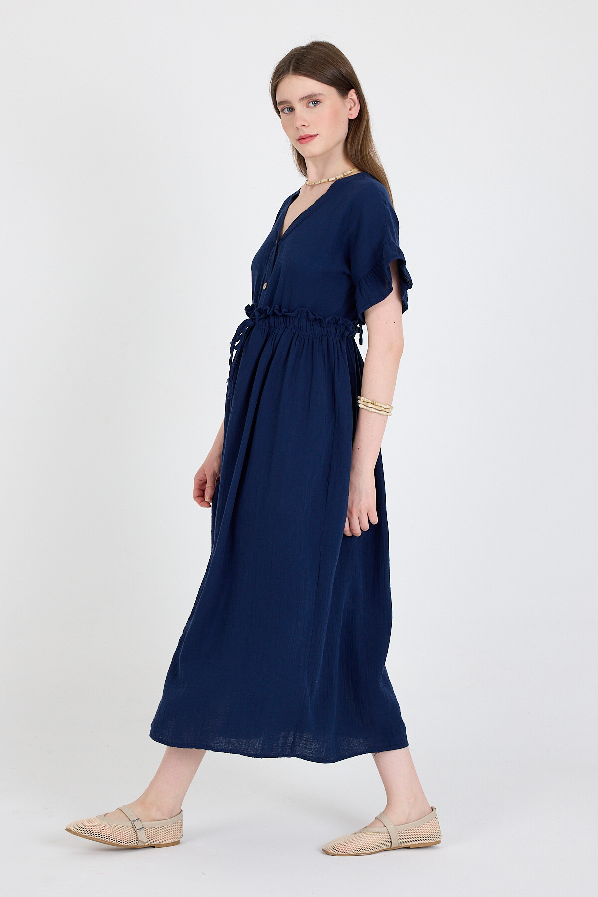 Laci %100 Pamuk Fırfır Kol Detaylı Düğmeli Elbise 4781A - RAYS