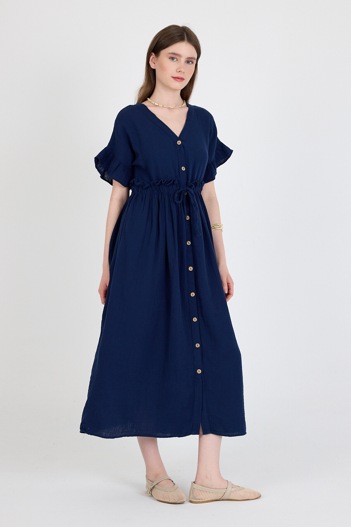 Laci %100 Pamuk Fırfır Kol Detaylı Düğmeli Elbise 4781A - 6