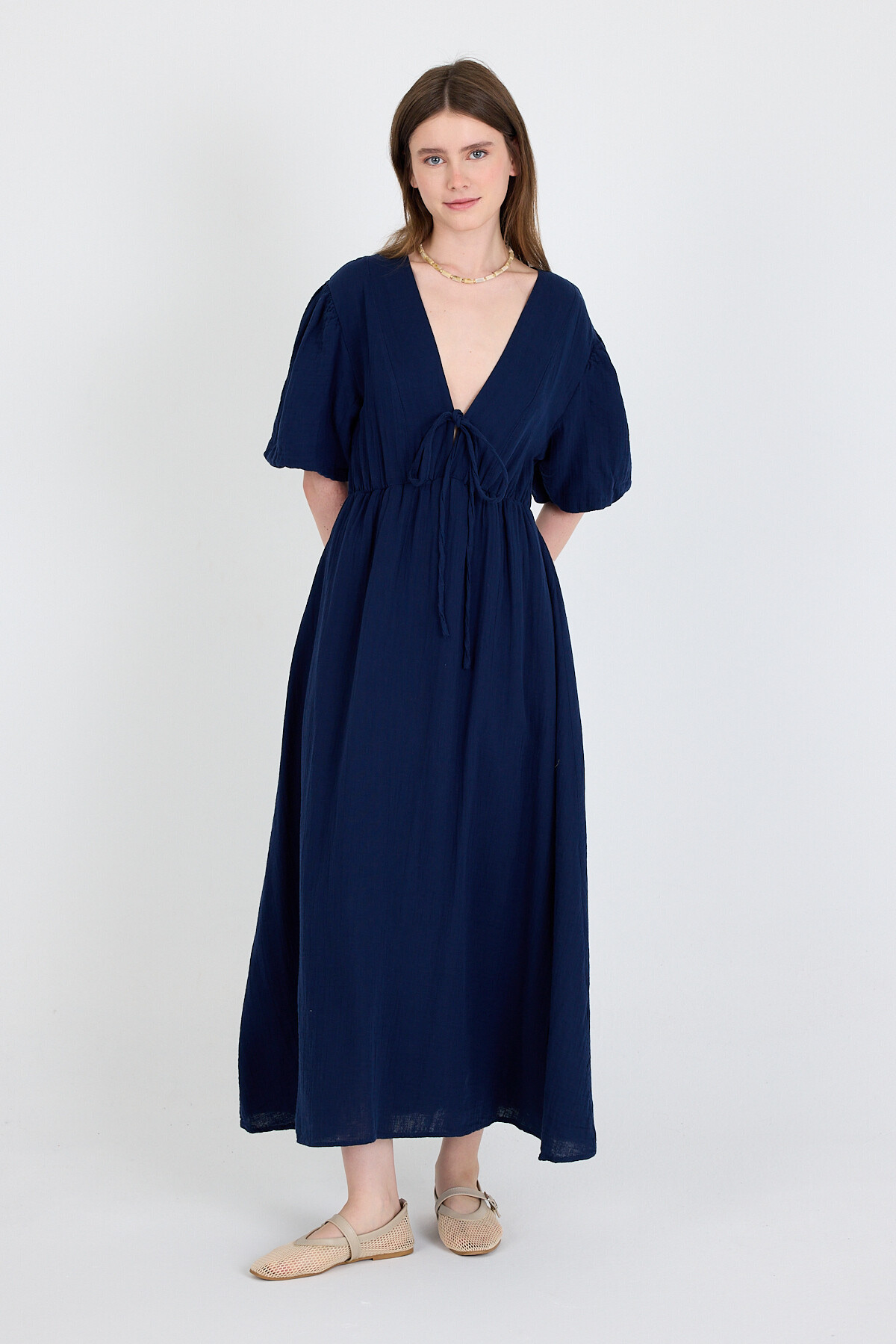 Laci %100 Pamuk Ön Bağlama Detaylı Midi Elbise 4785A - RAYS