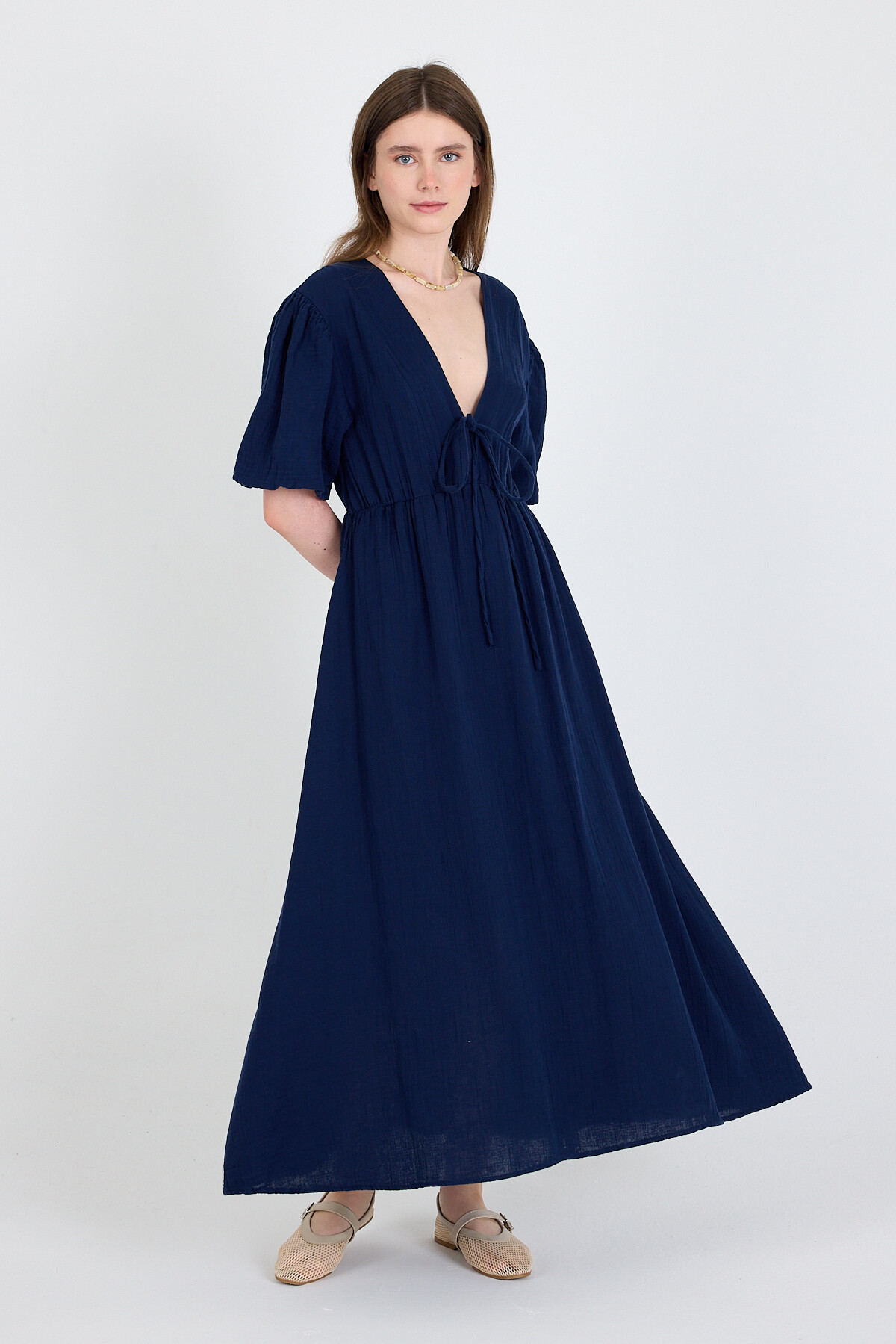 Laci %100 Pamuk Ön Bağlama Detaylı Midi Elbise 4785A - RAYS