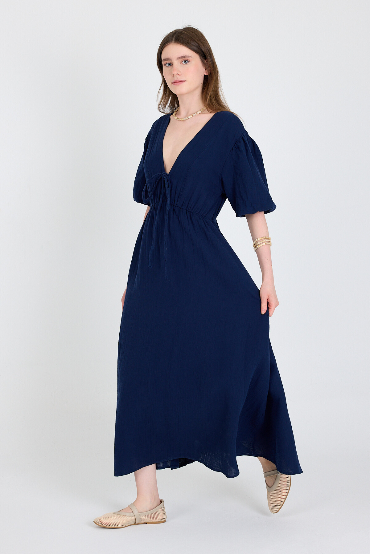 Laci %100 Pamuk Ön Bağlama Detaylı Midi Elbise 4785A - 2