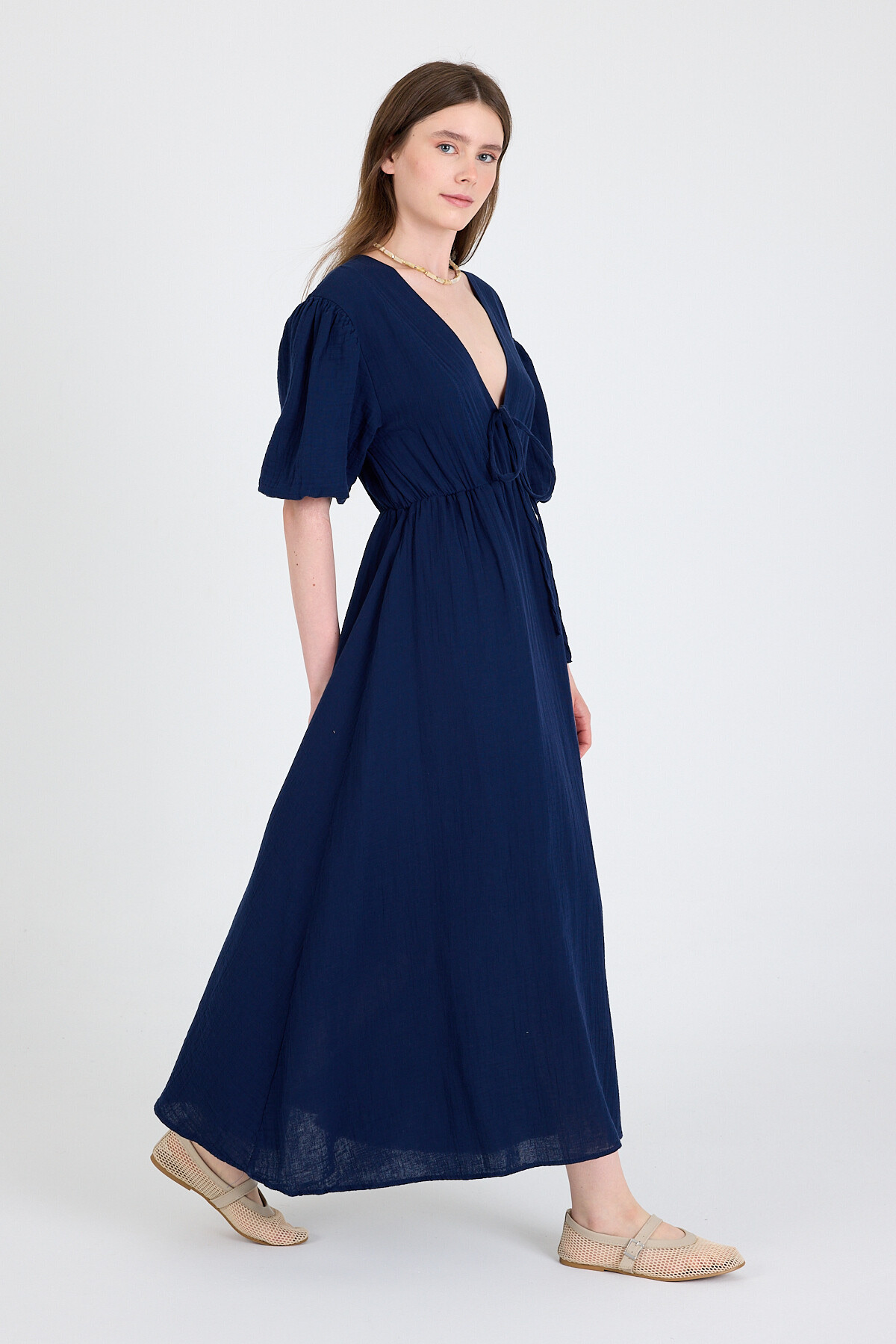 Laci %100 Pamuk Ön Bağlama Detaylı Midi Elbise 4785A - 6