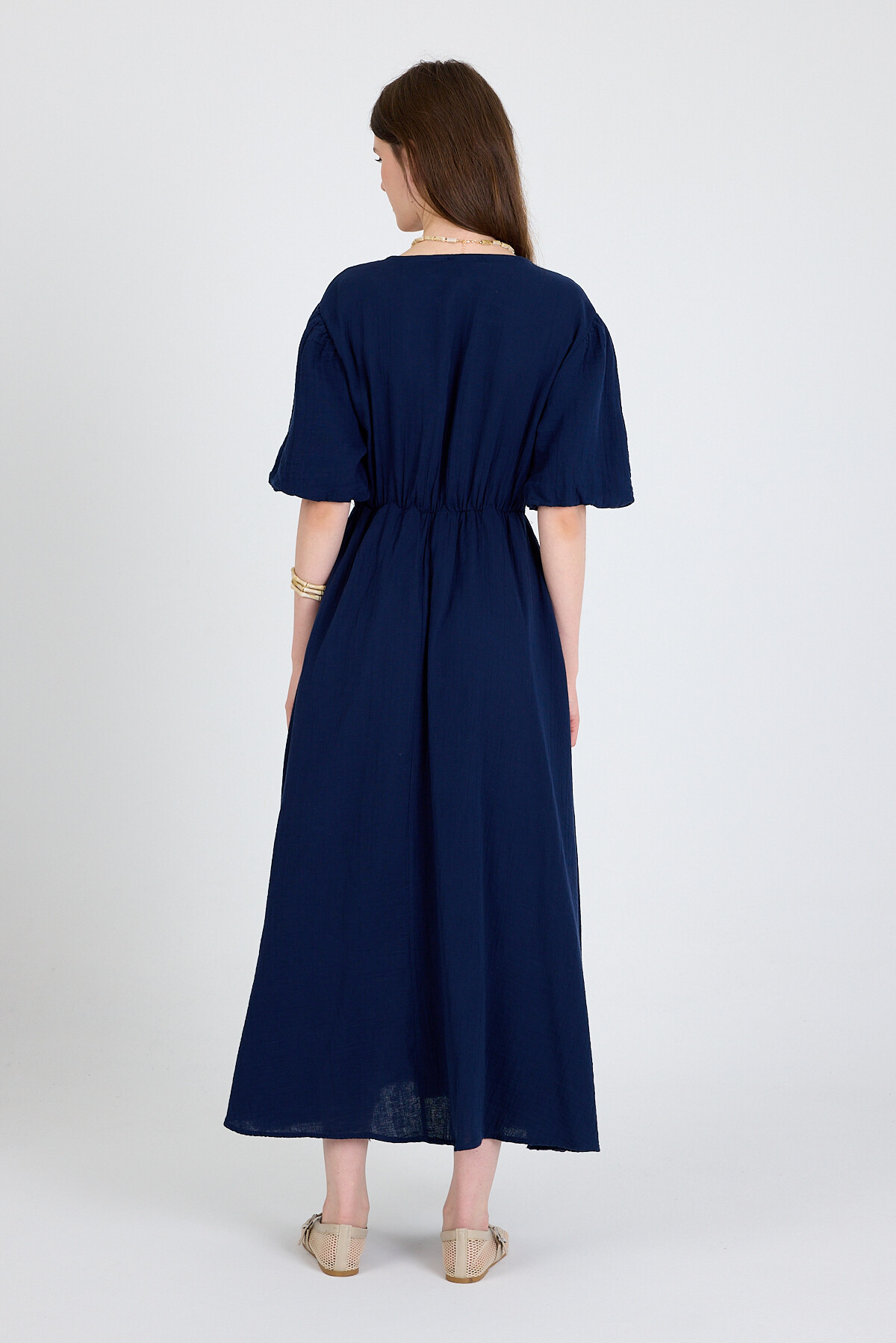 Laci %100 Pamuk Ön Bağlama Detaylı Midi Elbise 4785A - 5