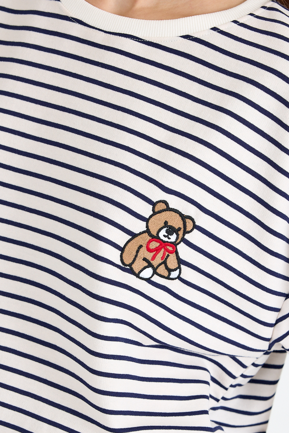 Laci Ayı Nakışlı Çizgili Oversize Tişört 3083 - RAYS