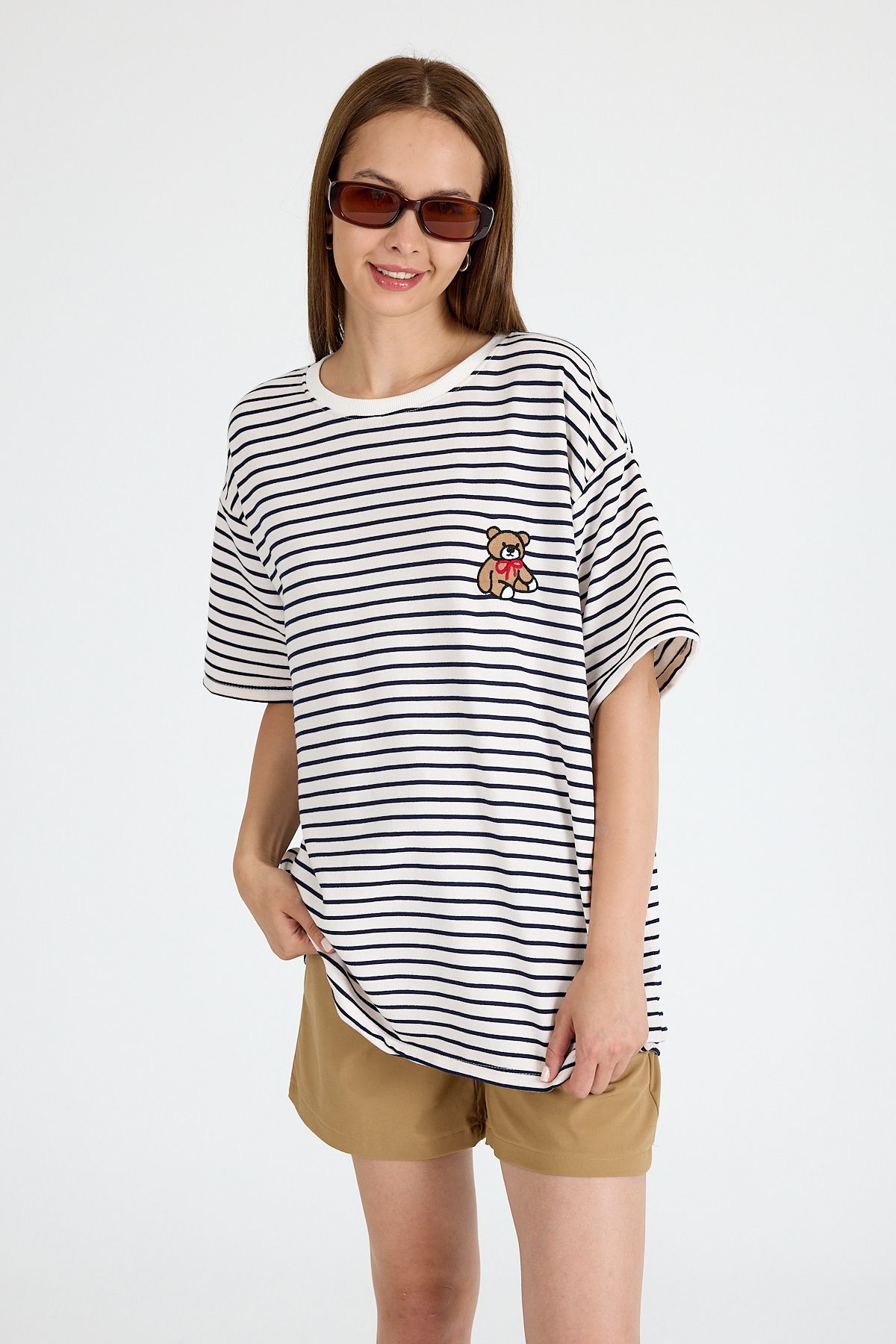 Laci Ayı Nakışlı Çizgili Oversize Tişört 3083 - 2