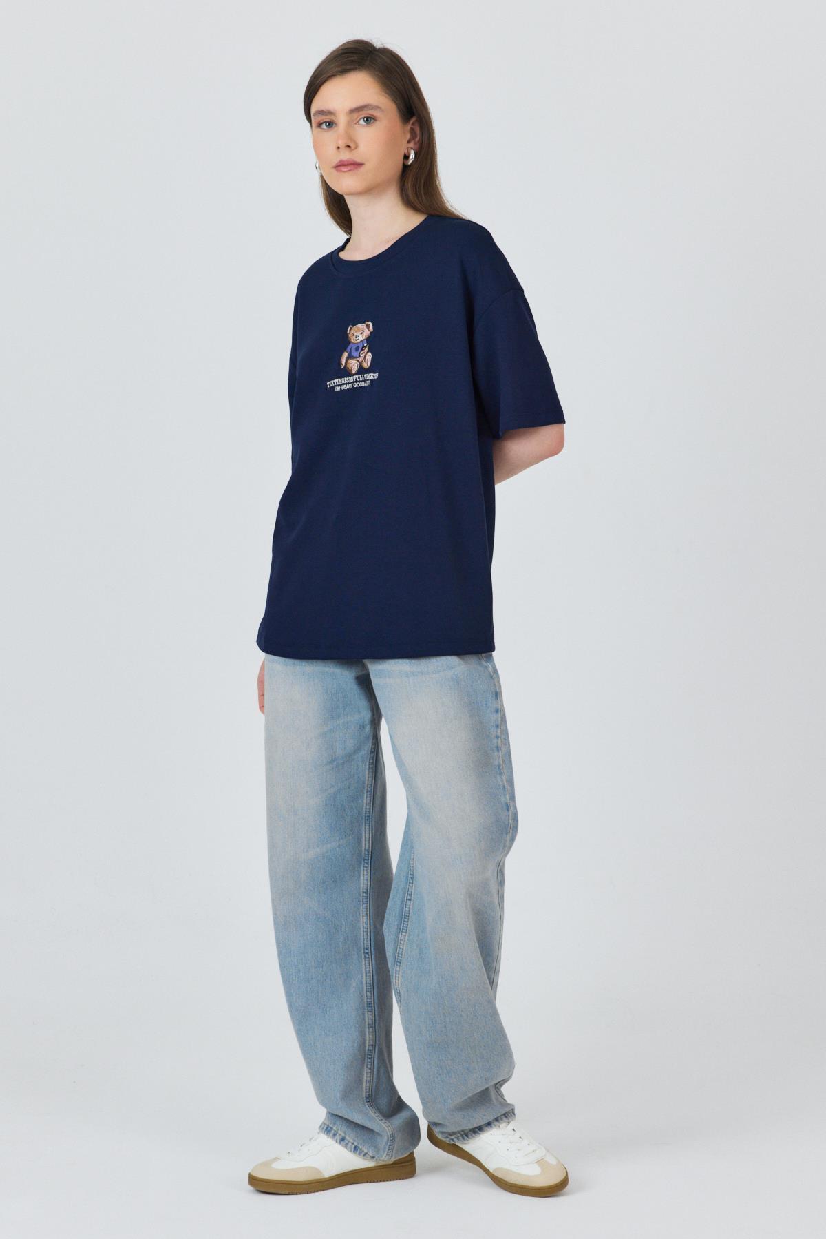 Laci Ayıcık Baskılı Bisiklet Yaka Oversize Tişört 5530 - 7