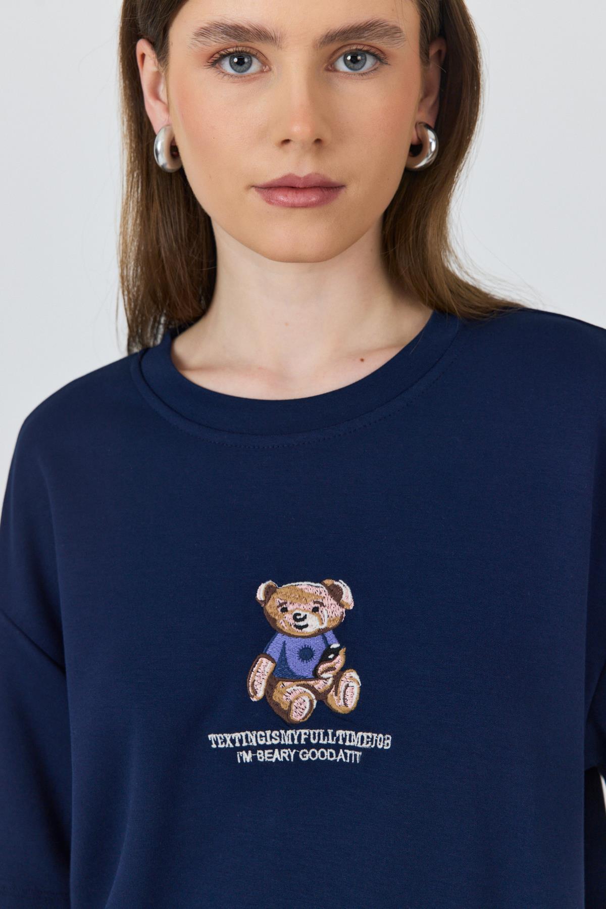 Laci Ayıcık Baskılı Bisiklet Yaka Oversize Tişört 5530 - 4