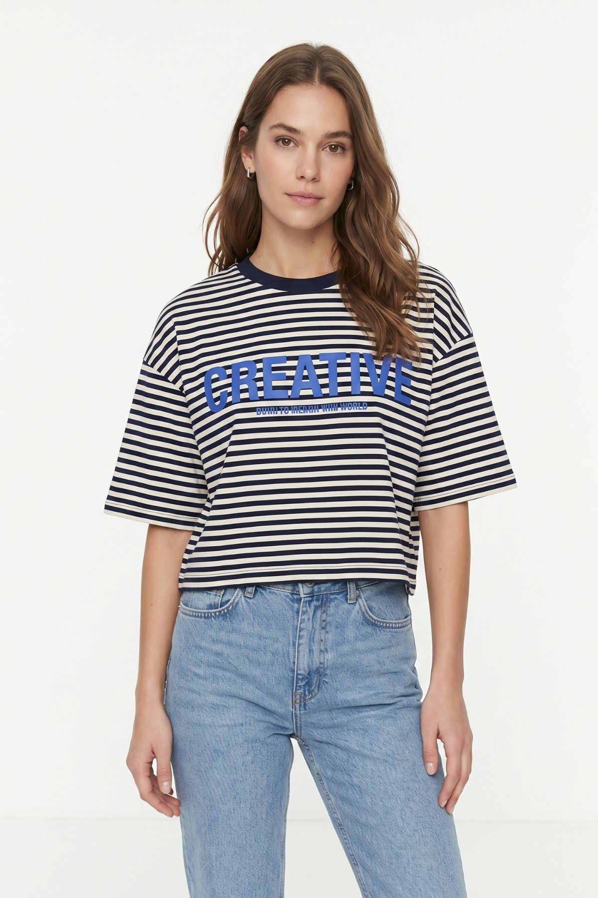Laci Bisiklet Yaka Kısa Kol Çizgili Crop Tişört 8325 - 1