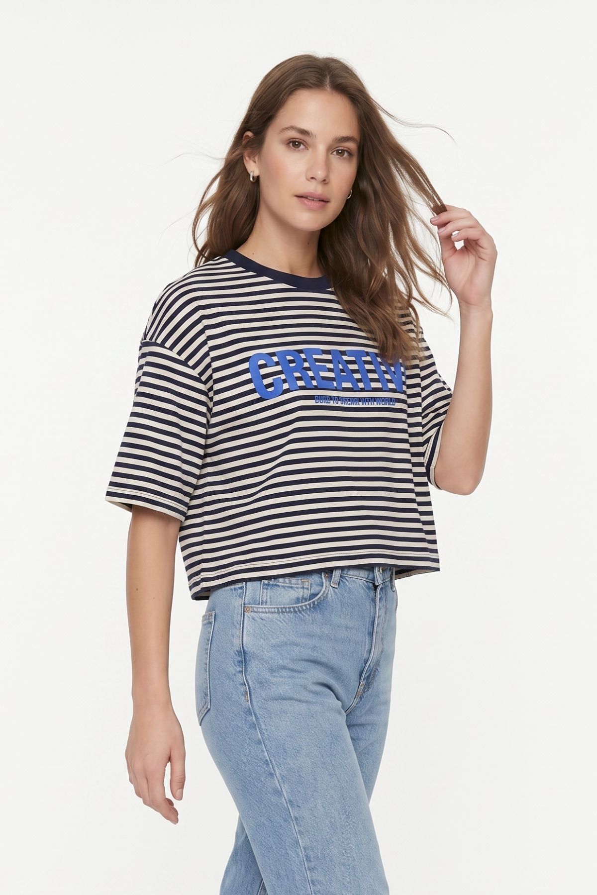 Laci Bisiklet Yaka Kısa Kol Çizgili Crop Tişört 8325 - 2