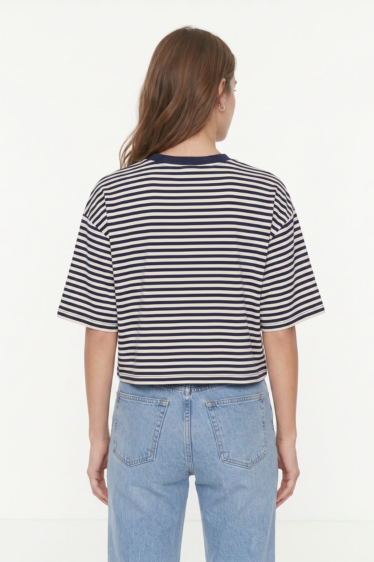 Laci Bisiklet Yaka Kısa Kol Çizgili Crop Tişört 8325 - 3