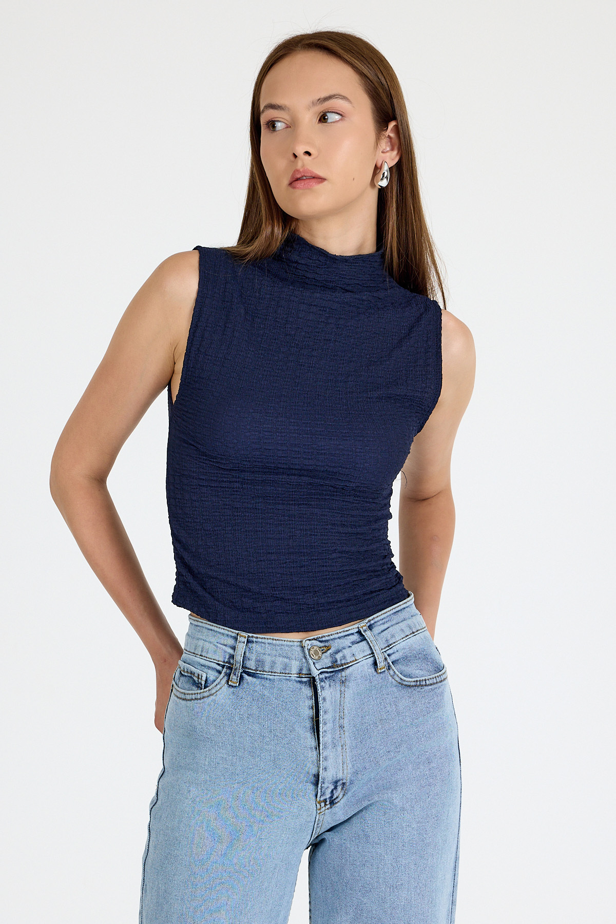 Laci Bürümcük Kumaş Dik Yaka Kolsuz Bluz 3458 - RAYS