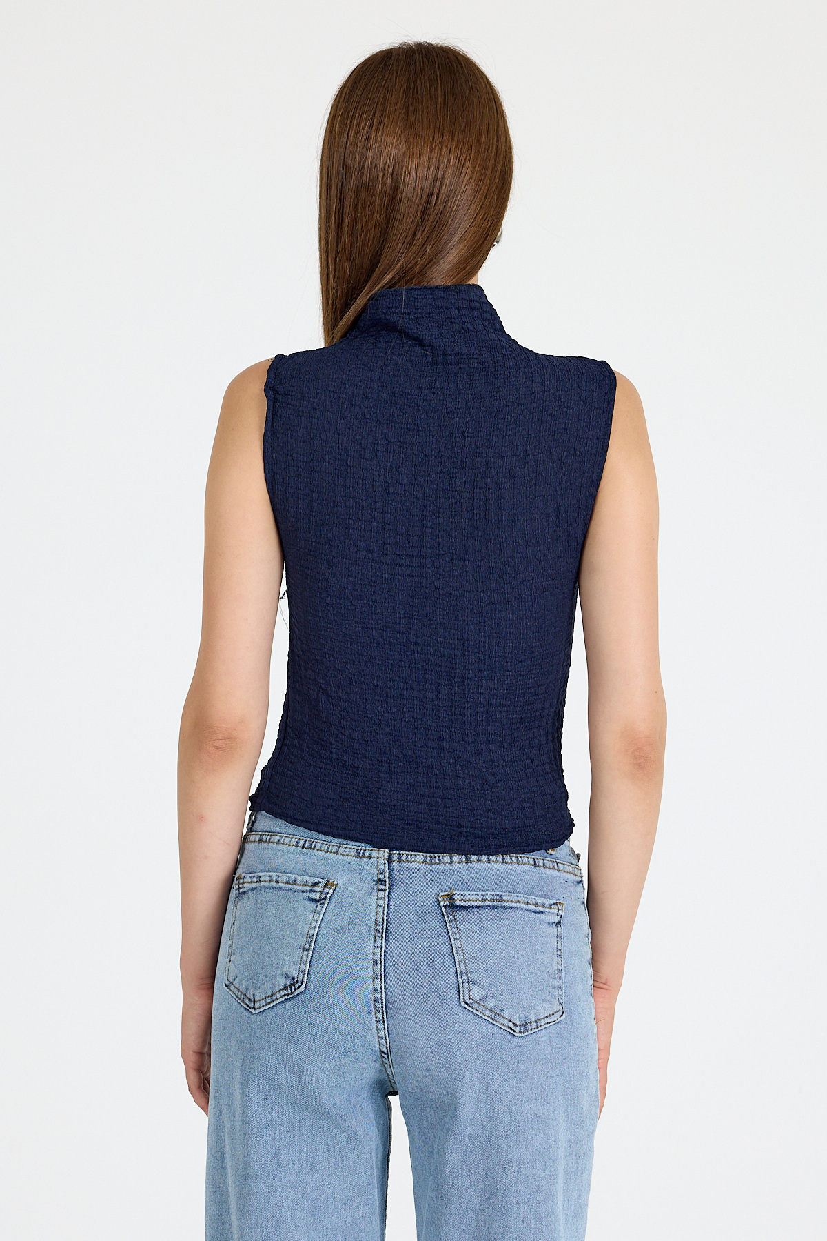 Laci Bürümcük Kumaş Dik Yaka Kolsuz Bluz 3458 - 5