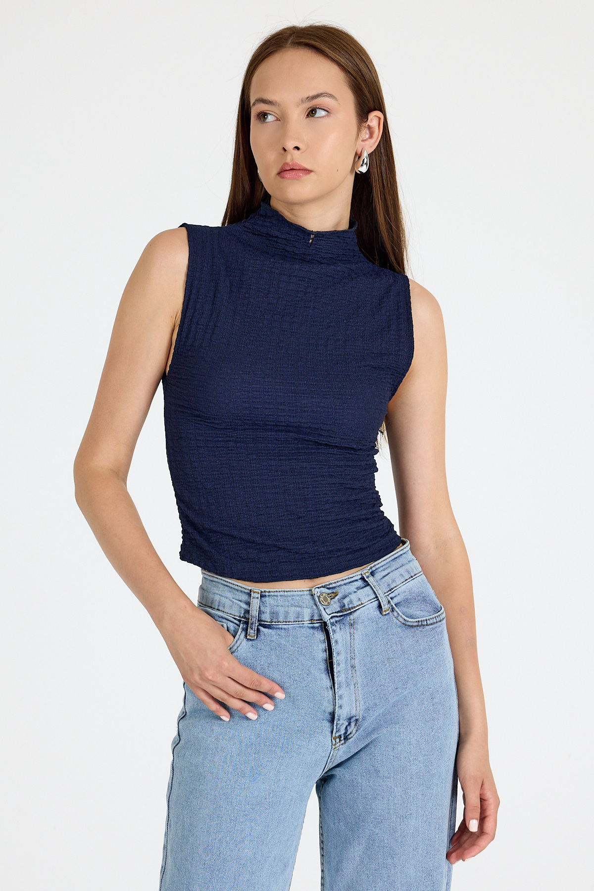 Laci Bürümcük Kumaş Dik Yaka Kolsuz Bluz 3458 - 6