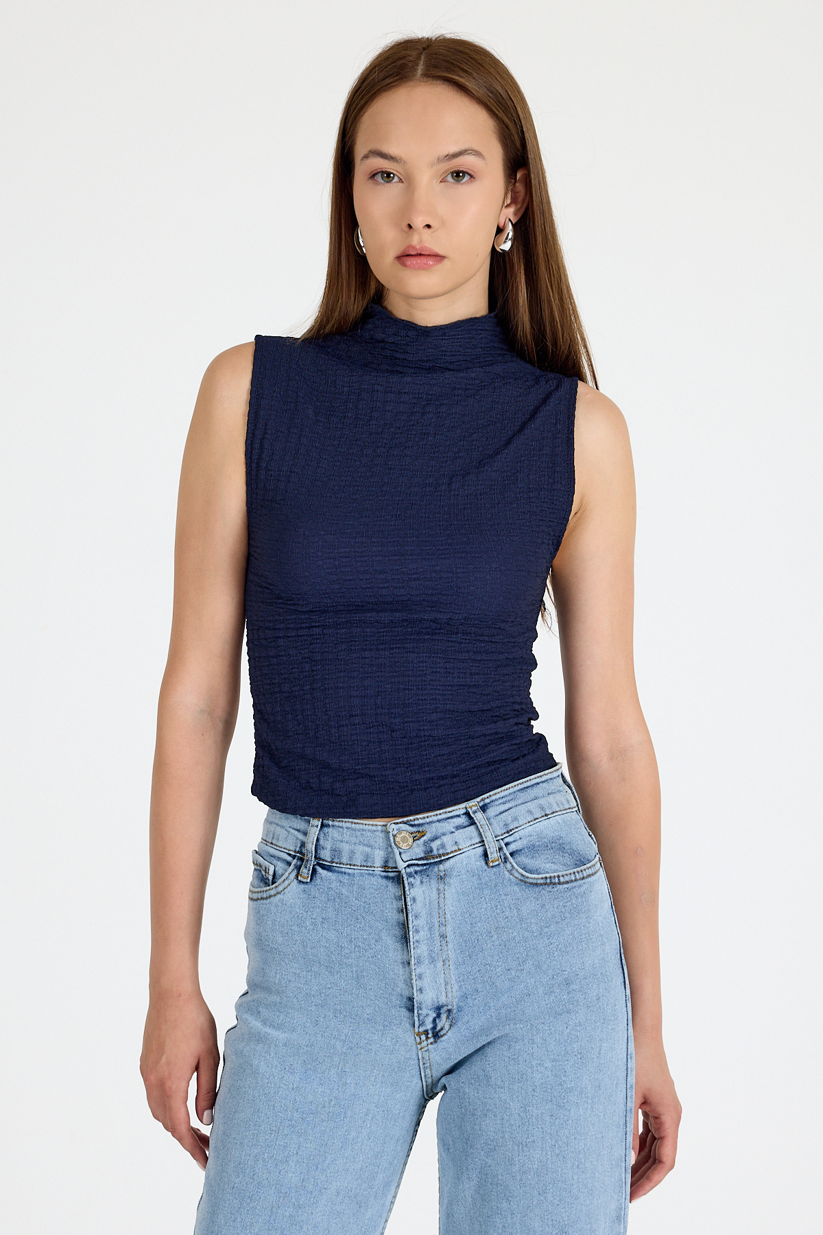 Laci Bürümcük Kumaş Dik Yaka Kolsuz Bluz 3458 - 1