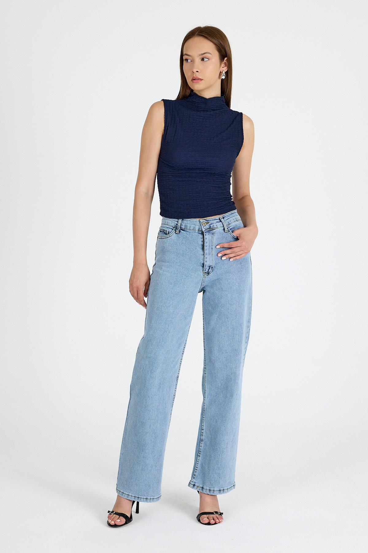 Laci Bürümcük Kumaş Dik Yaka Kolsuz Bluz 3458 - 3